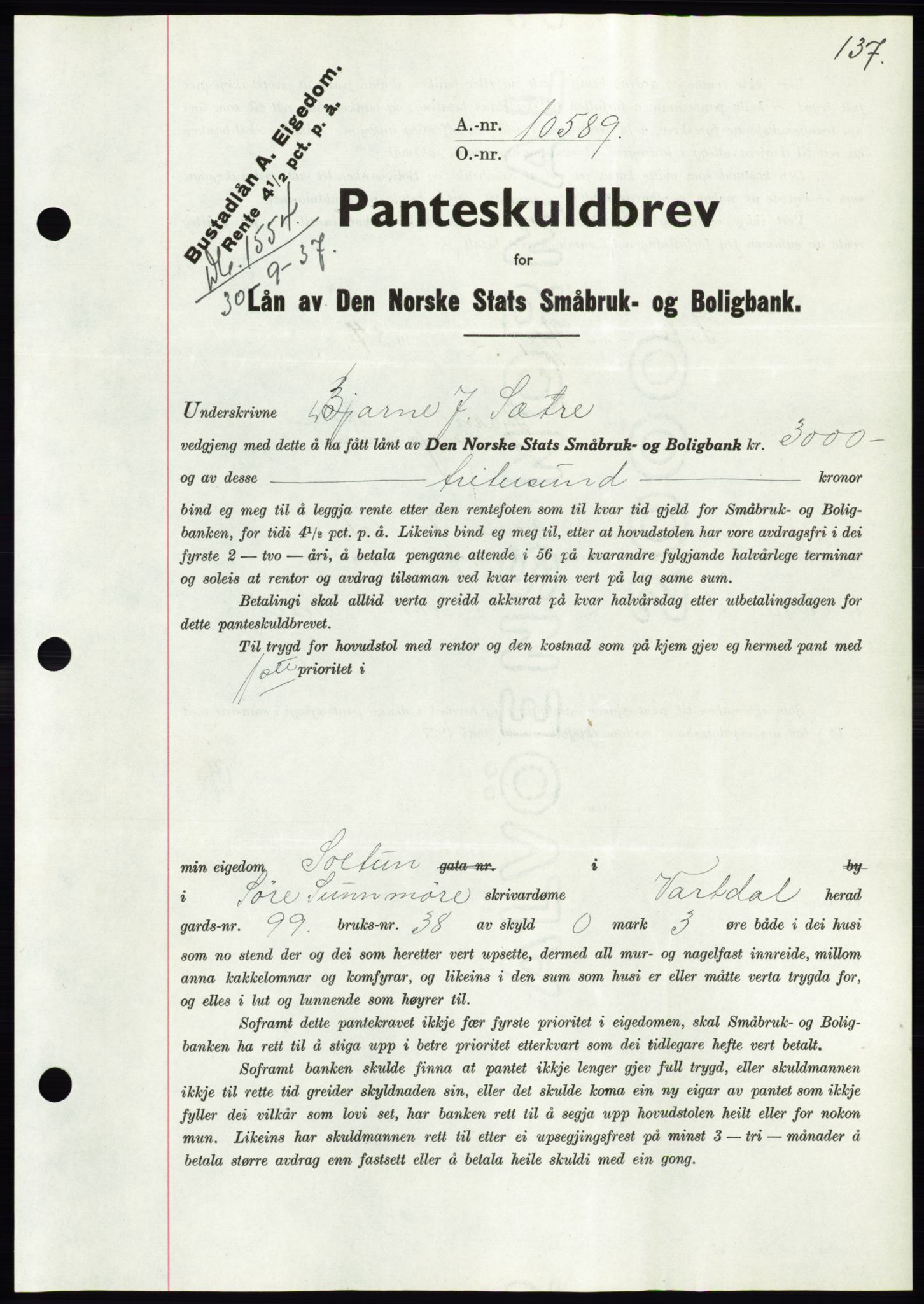 Søre Sunnmøre sorenskriveri, AV/SAT-A-4122/1/2/2C/L0064: Mortgage book no. 58, 1937-1938, Diary no: : 1554/1937