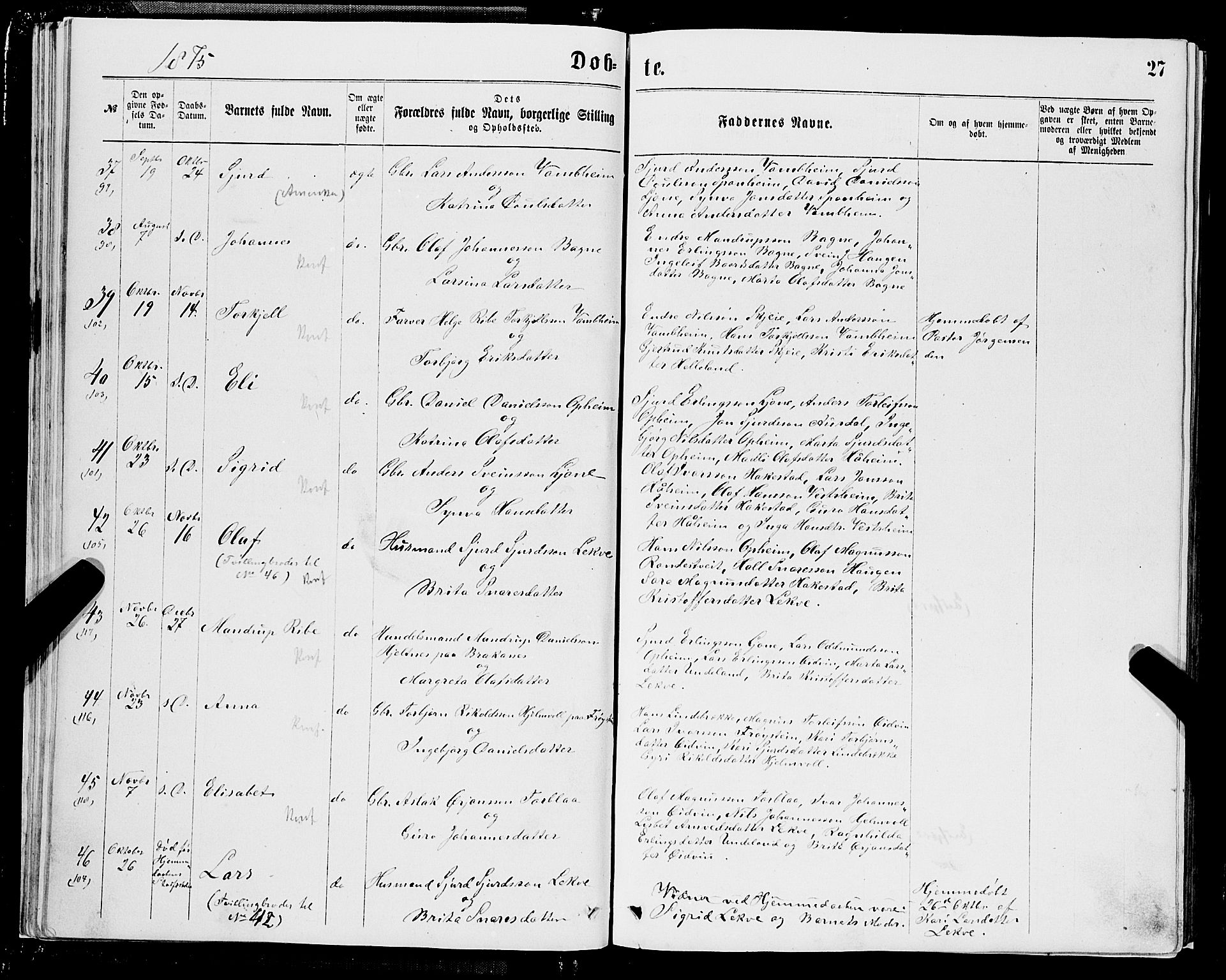 Ulvik sokneprestembete, SAB/A-78801/H/Hab: Parish register (copy) no. A 2, 1869-1882, p. 27