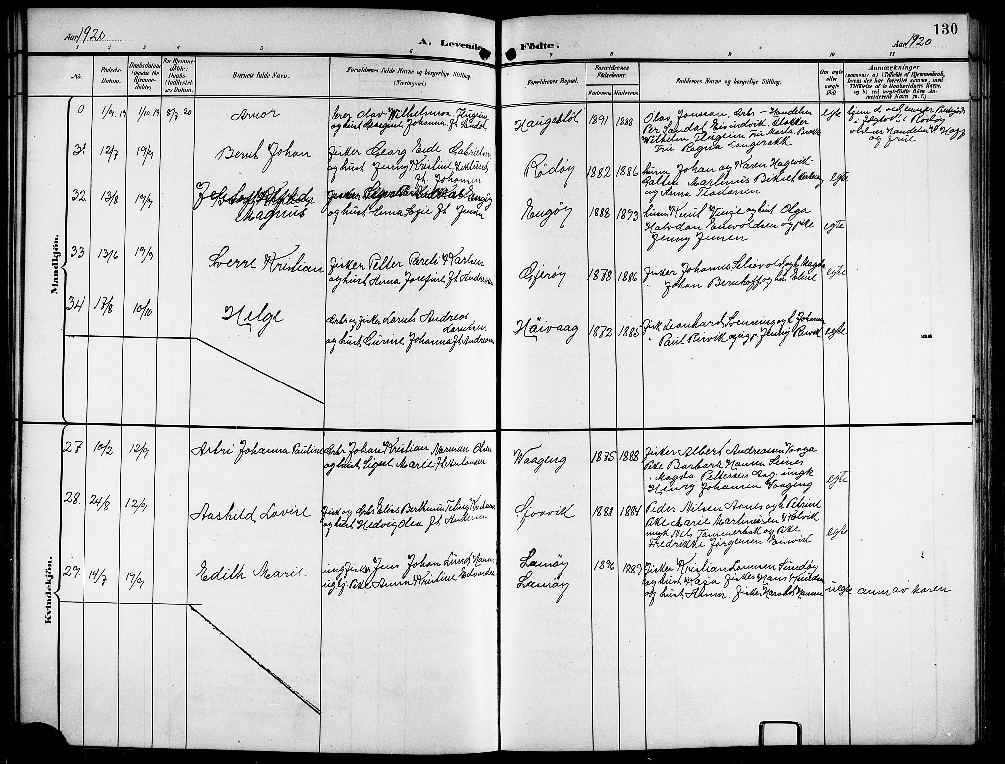 Ministerialprotokoller, klokkerbøker og fødselsregistre - Nordland, AV/SAT-A-1459/841/L0621: Parish register (copy) no. 841C05, 1897-1923, p. 130