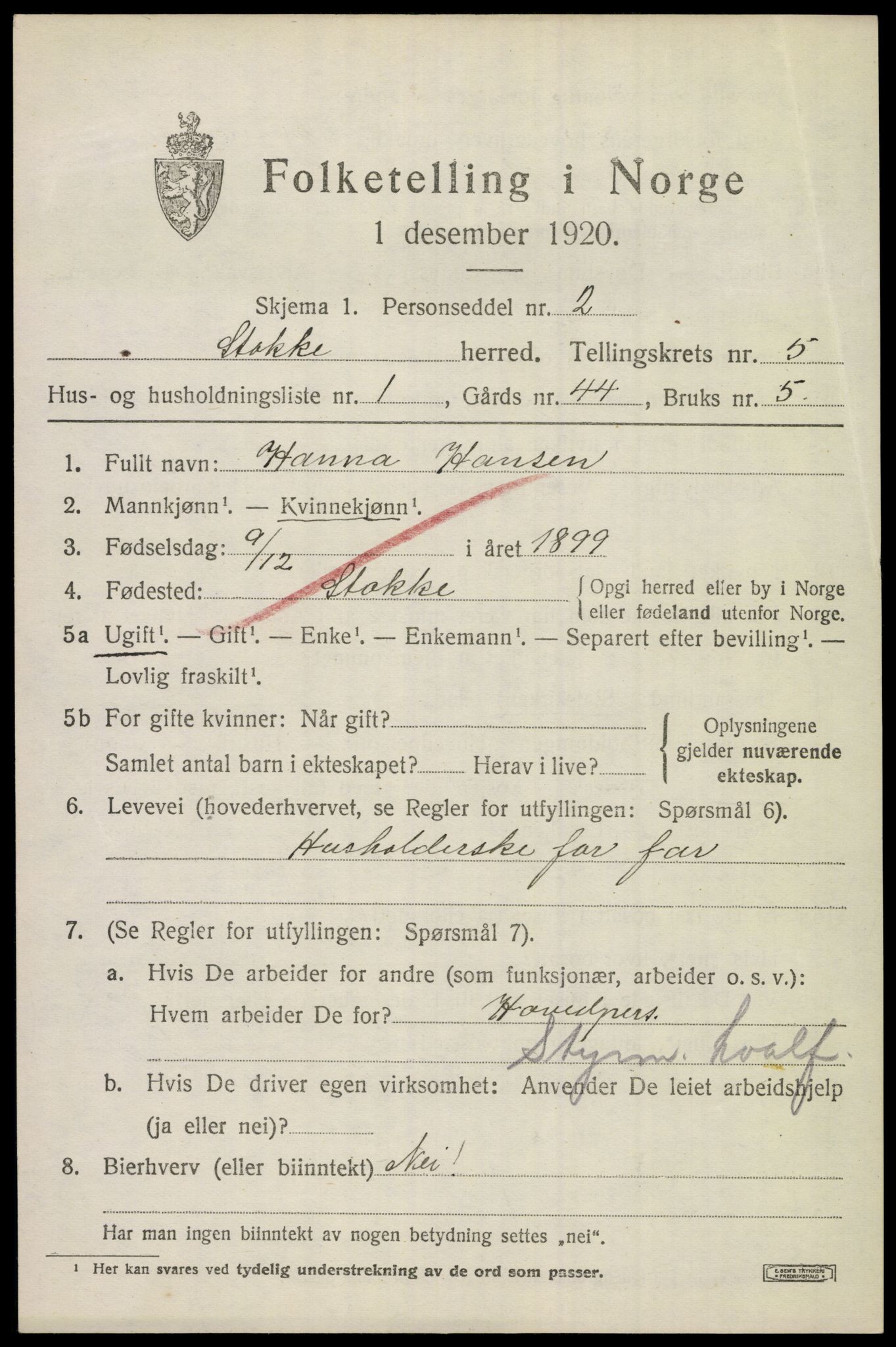 SAKO, 1920 census for Stokke, 1920, p. 6726