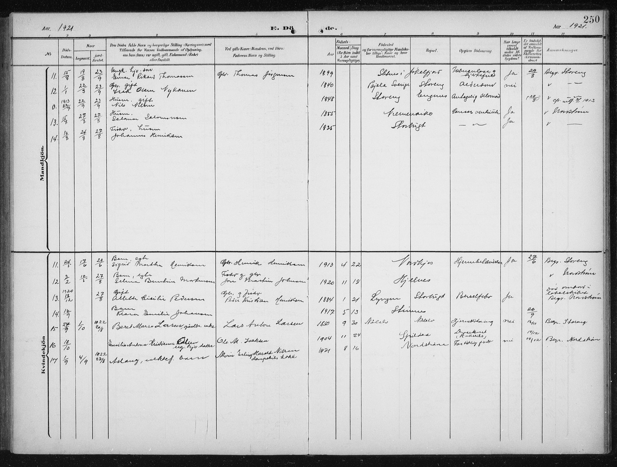 Skjervøy sokneprestkontor, AV/SATØ-S-1300/H/Ha/Hab/L0017klokker: Parish register (copy) no. 17, 1906-1941, p. 250