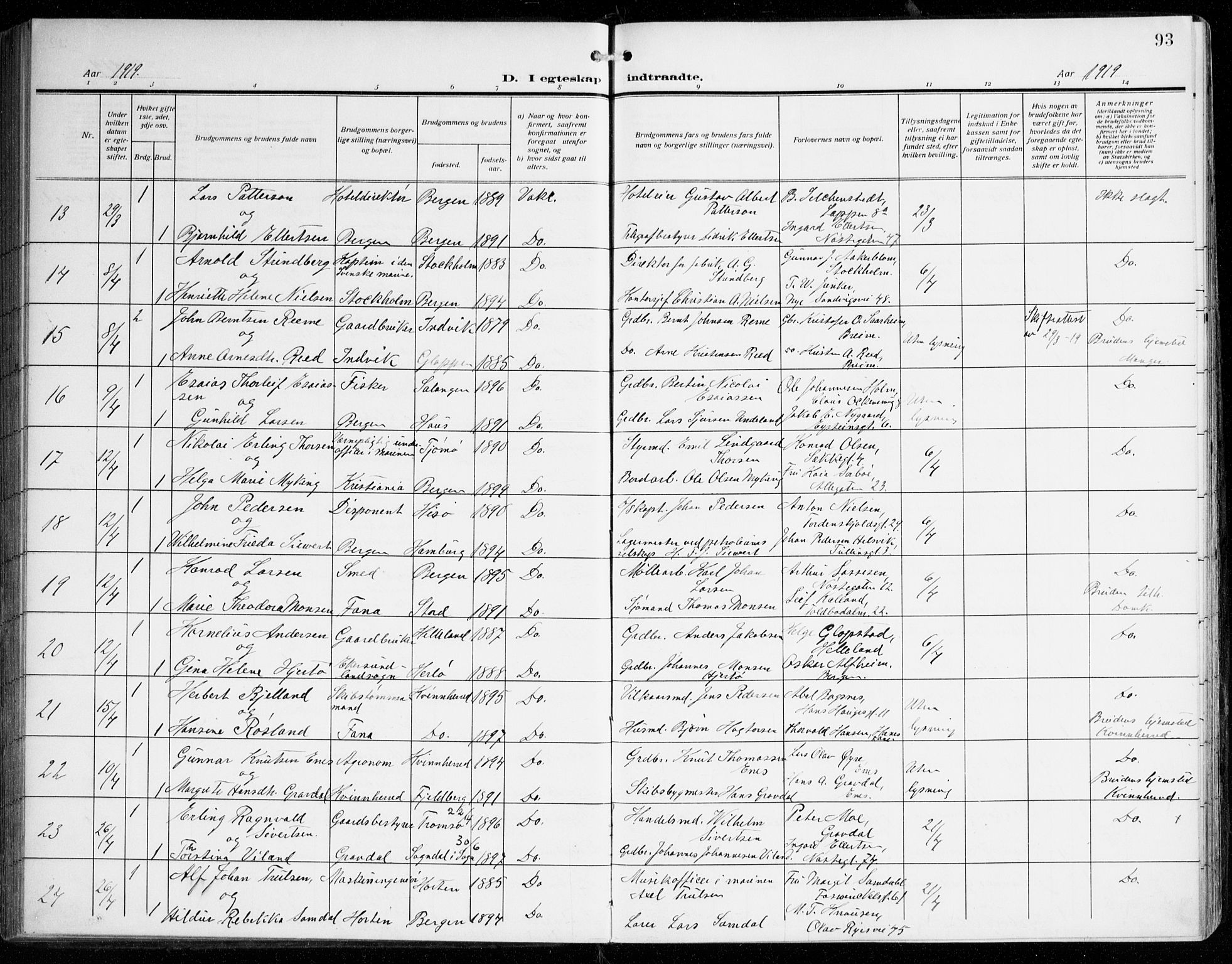 Johanneskirken sokneprestembete, AV/SAB-A-76001/H/Haa/L0013: Parish register (official) no. D 2, 1912-1929, p. 93