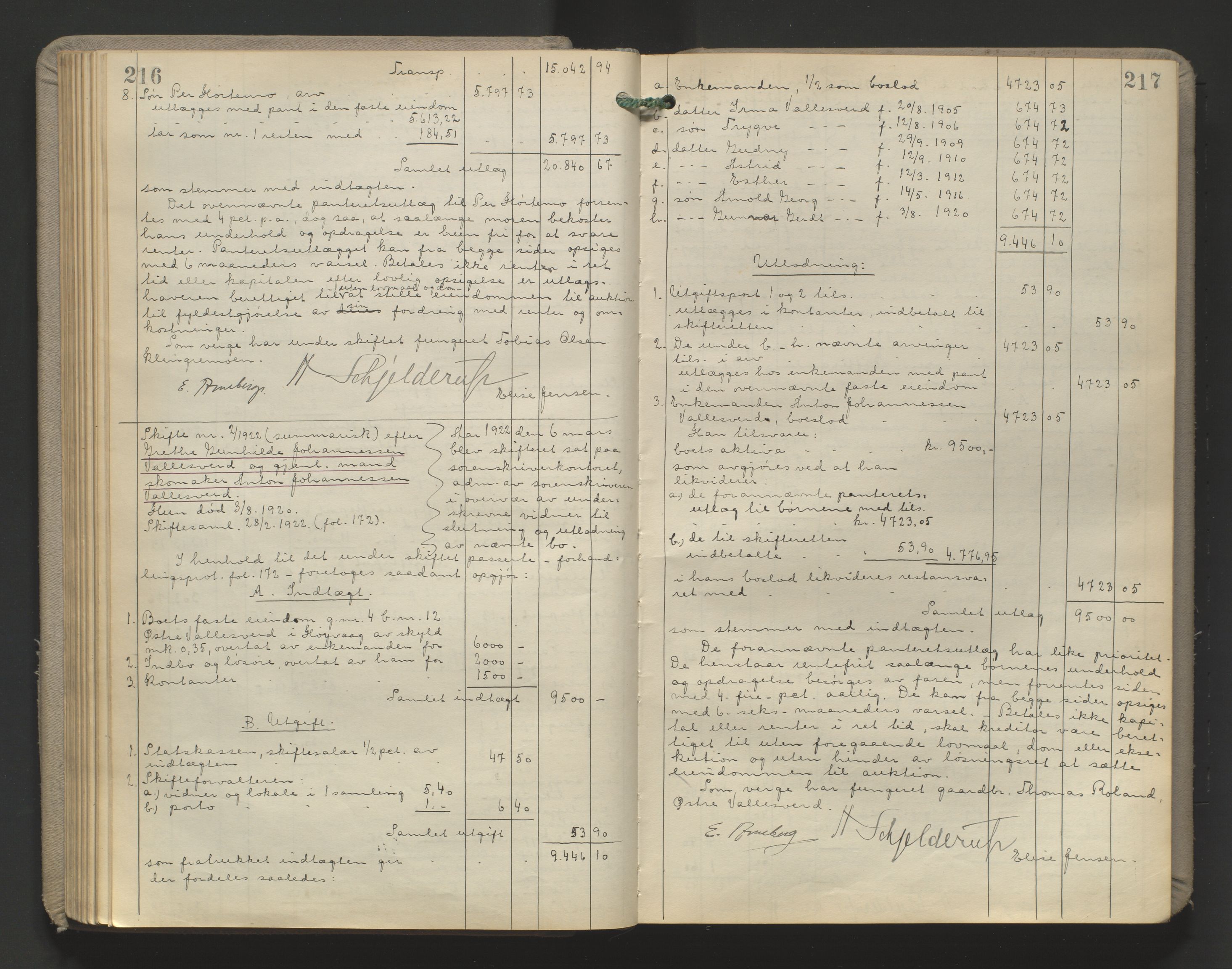 Vestre Nedenes/Sand sorenskriveri, AV/SAK-1221-0010/H/Hc/L0022: Skifteutlodningsprotokoll nr. 9, 1919-1932, p. 216-217