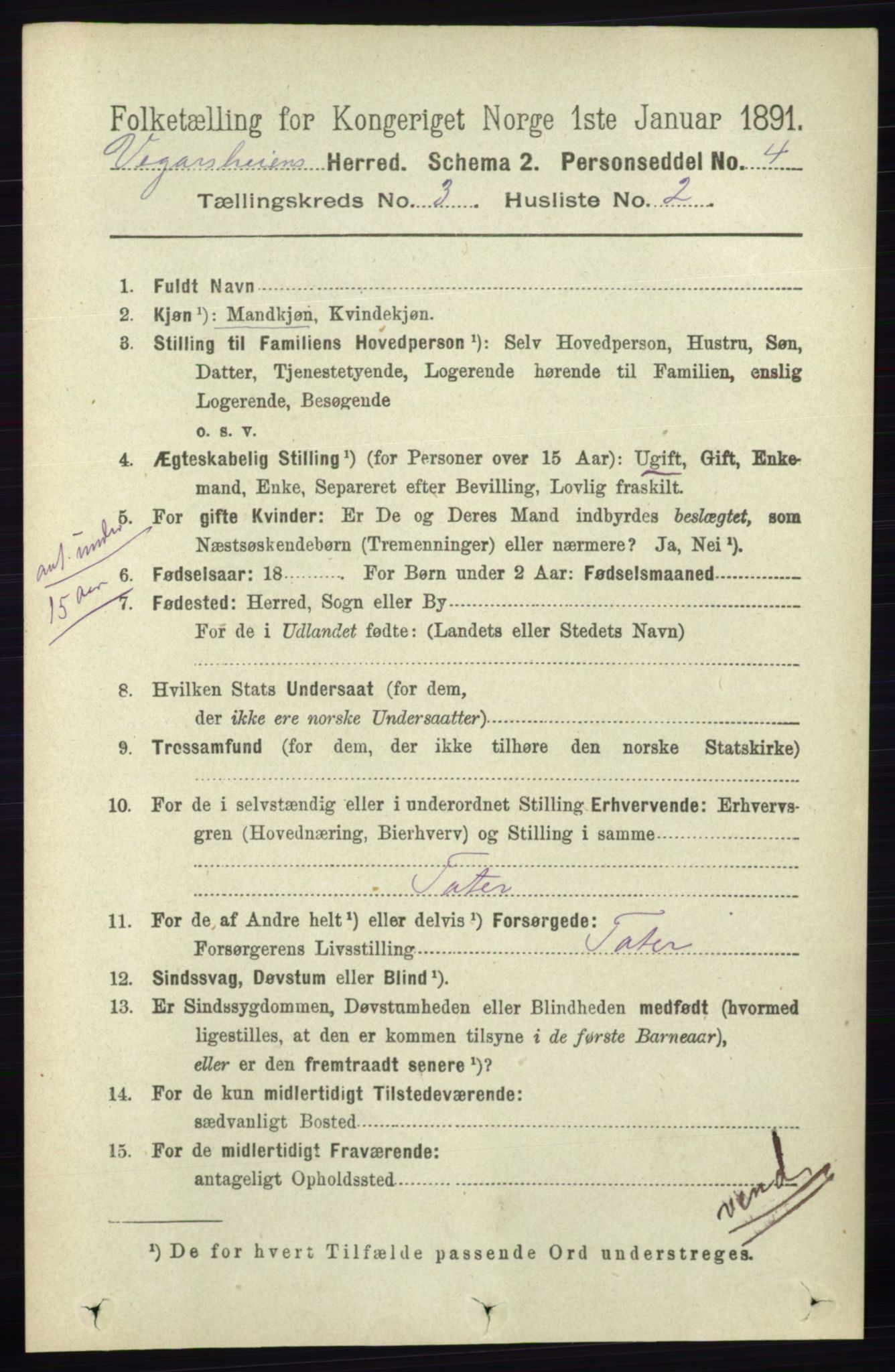 RA, 1891 census for 0912 Vegårshei, 1891, p. 637