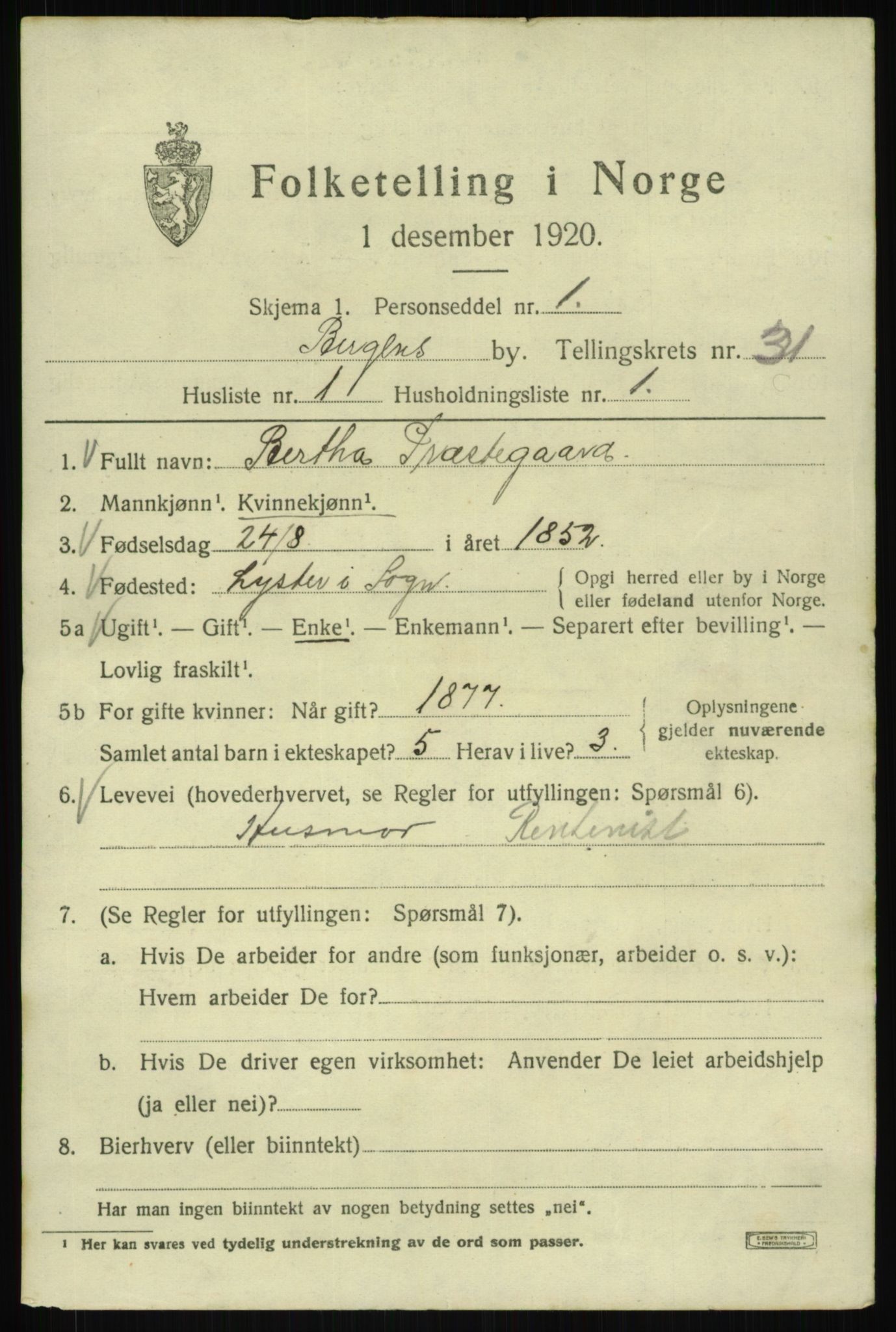 SAB, 1920 census for Bergen, 1920, p. 96106