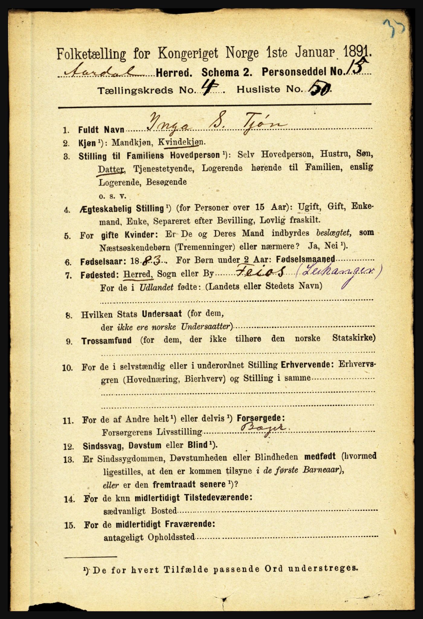 RA, 1891 census for 1424 Årdal, 1891, p. 965