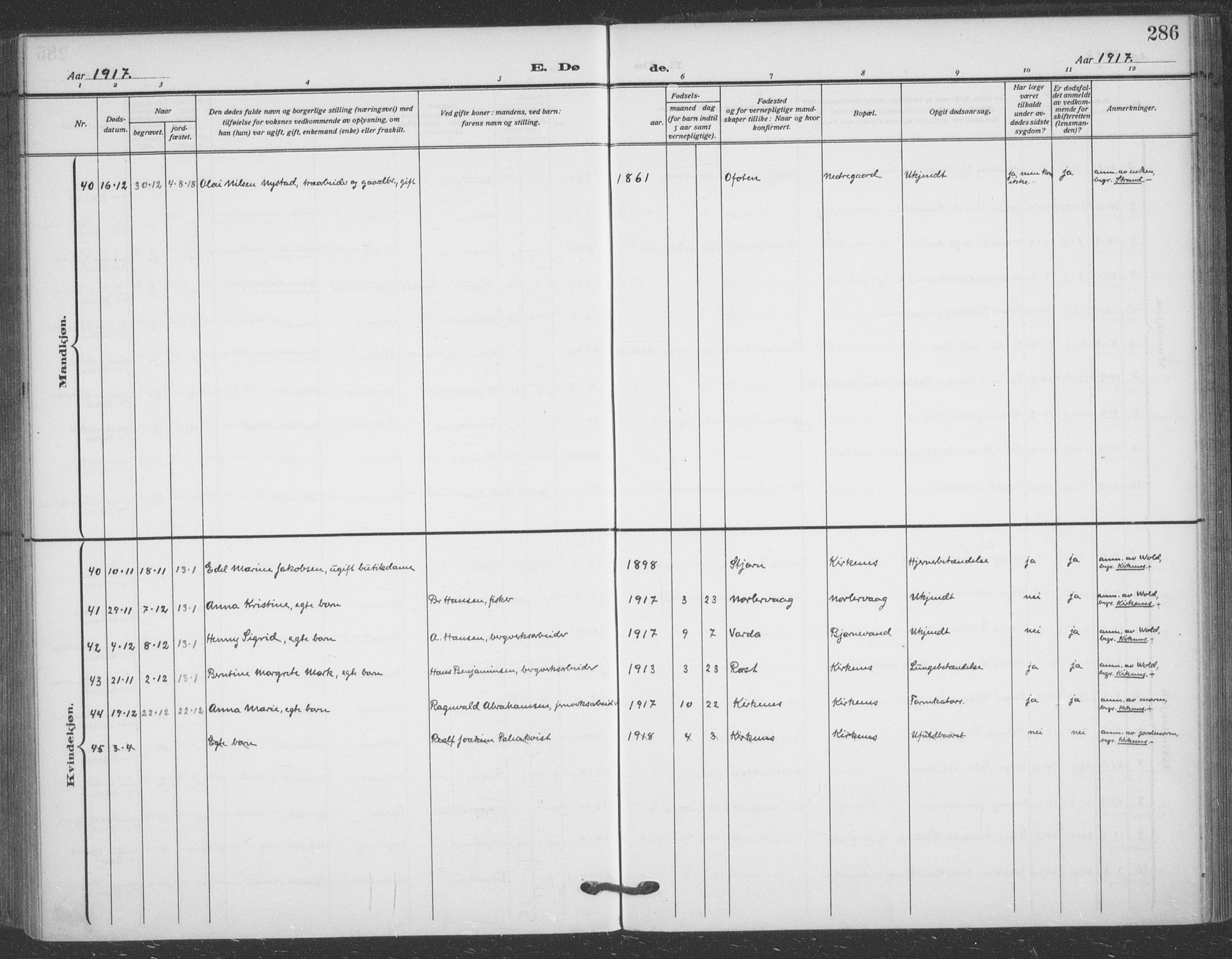 Sør-Varanger sokneprestkontor, AV/SATØ-S-1331/H/Ha/L0005kirke: Parish register (official) no. 5, 1909-1919, p. 286