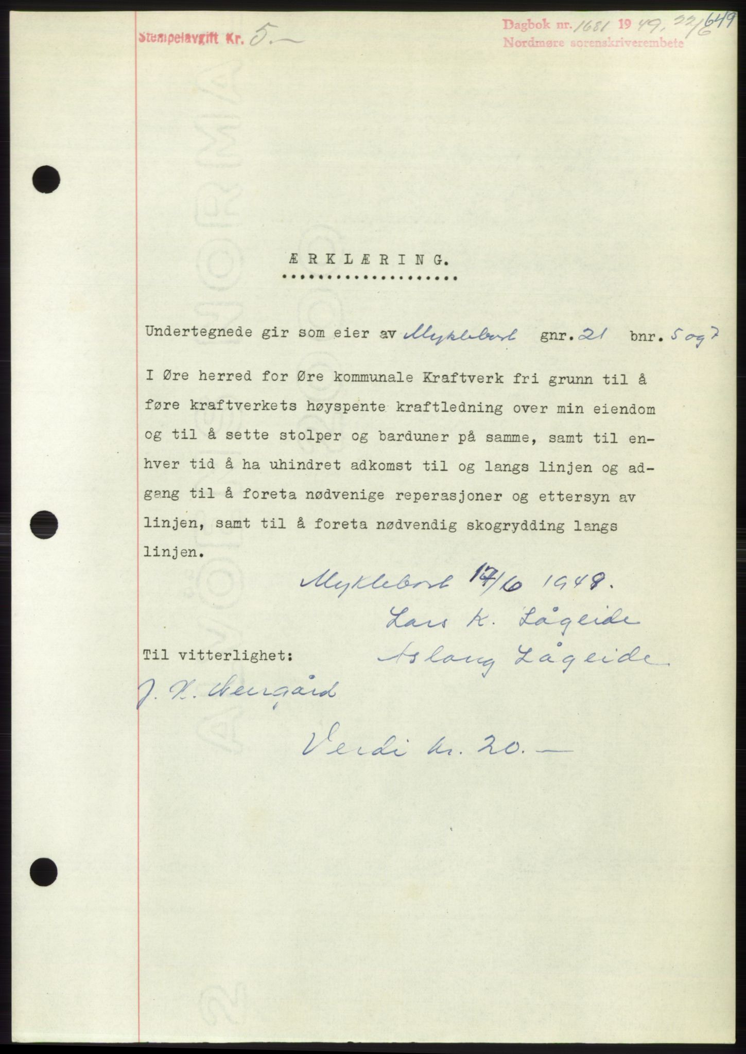 Nordmøre sorenskriveri, AV/SAT-A-4132/1/2/2Ca: Mortgage book no. B101, 1949-1949, Diary no: : 1681/1949