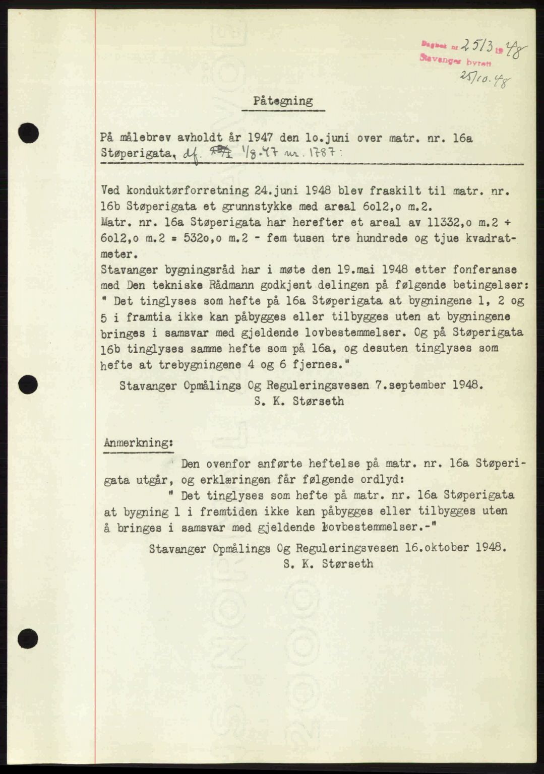 Stavanger byrett, SAST/A-100455/002/G/Gb/L0023: Mortgage book no. A12, 1948-1949, Diary no: : 2513/1948