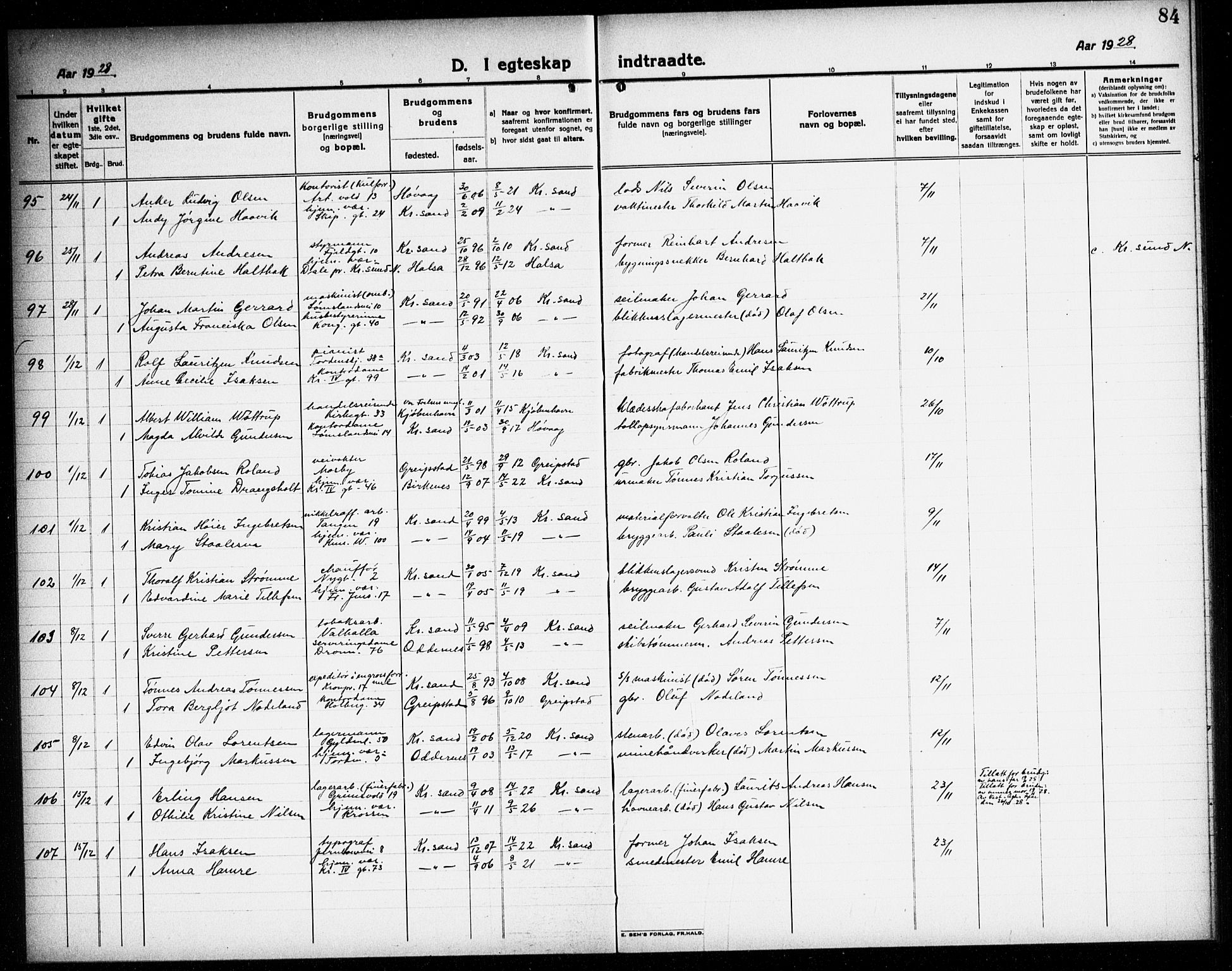 Kristiansand domprosti, AV/SAK-1112-0006/F/Fb/L0023: Parish register (copy) no. B 23, 1921-1937, p. 84