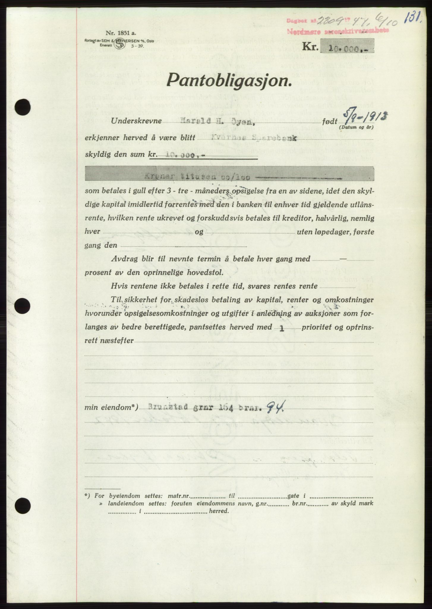 Nordmøre sorenskriveri, AV/SAT-A-4132/1/2/2Ca: Mortgage book no. B97, 1947-1948, Diary no: : 2309/1947