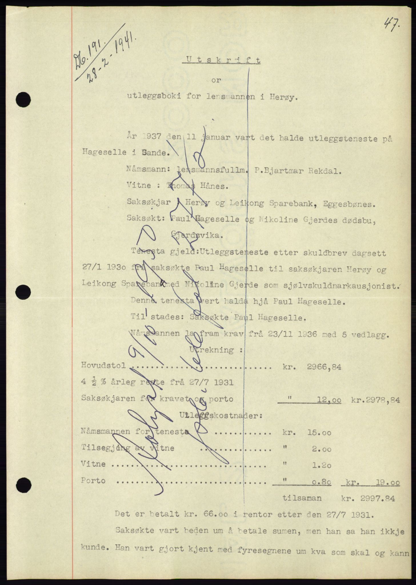 Søre Sunnmøre sorenskriveri, AV/SAT-A-4122/1/2/2C/L0071: Mortgage book no. 65, 1941-1941, Diary no: : 191/1941