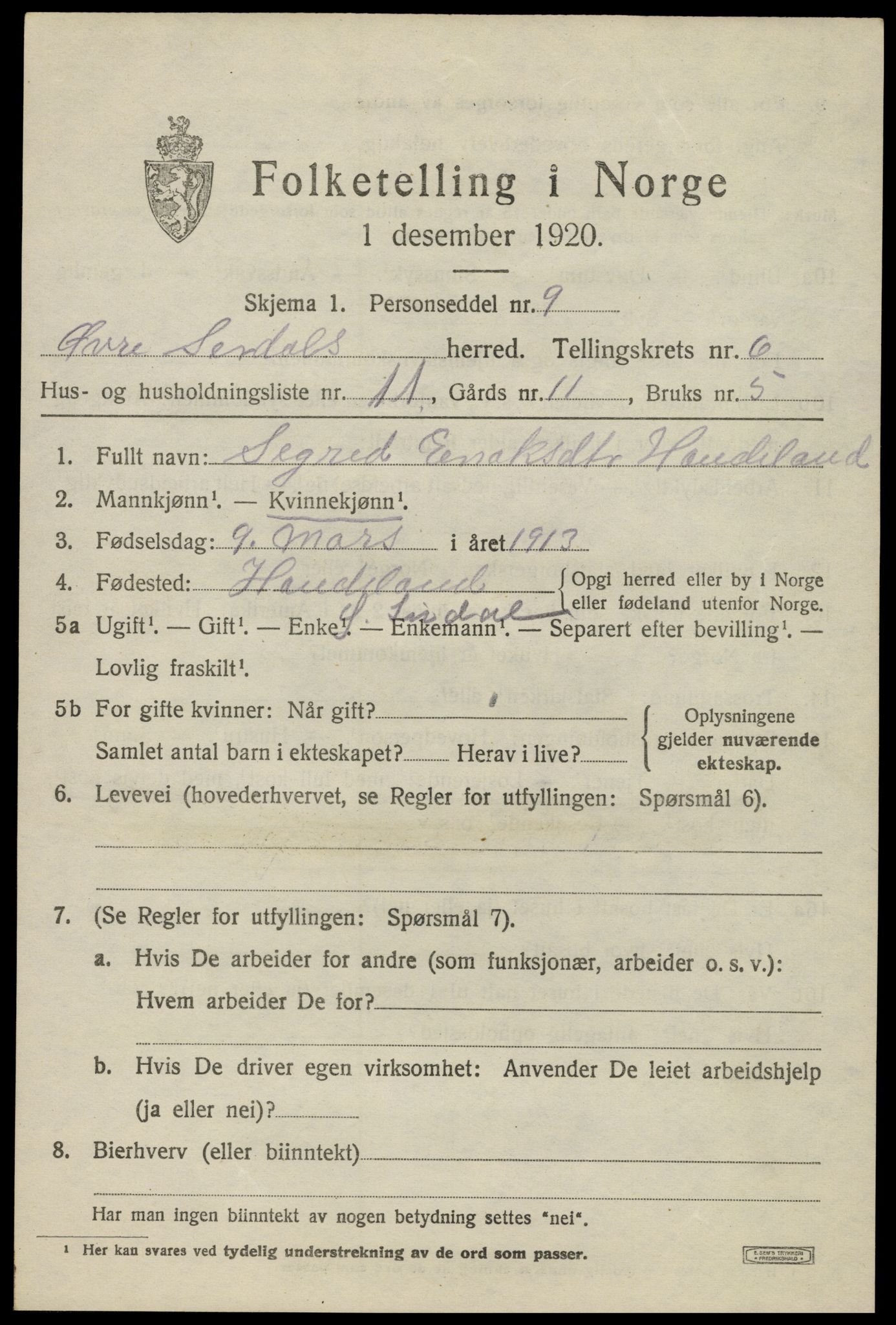 SAK, 1920 census for Øvre Sirdal, 1920, p. 1175