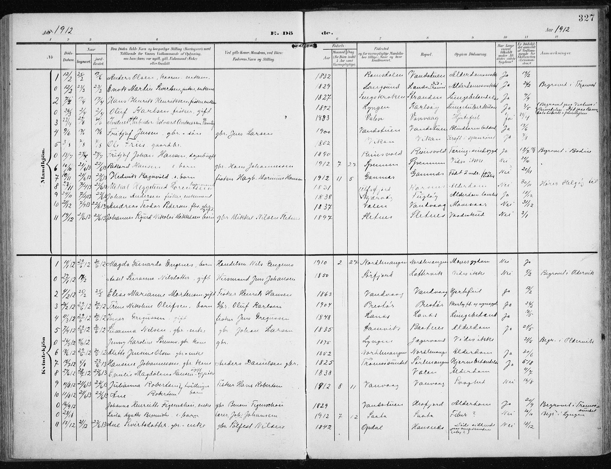 Karlsøy sokneprestembete, AV/SATØ-S-1299/H/Ha/Haa/L0014kirke: Parish register (official) no. 14, 1903-1917, p. 327