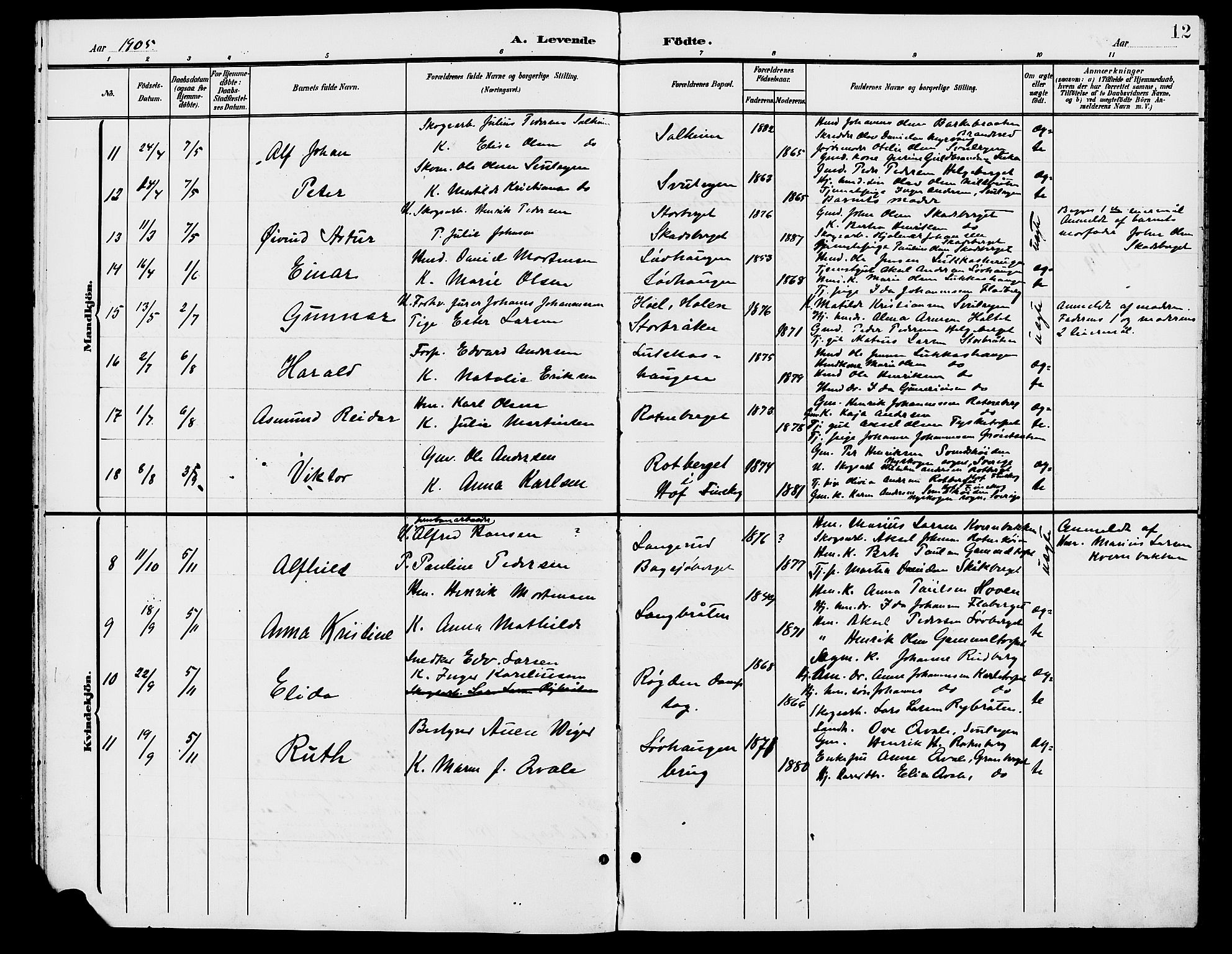 Grue prestekontor, AV/SAH-PREST-036/H/Ha/Hab/L0006: Parish register (copy) no. 6, 1902-1910, p. 12