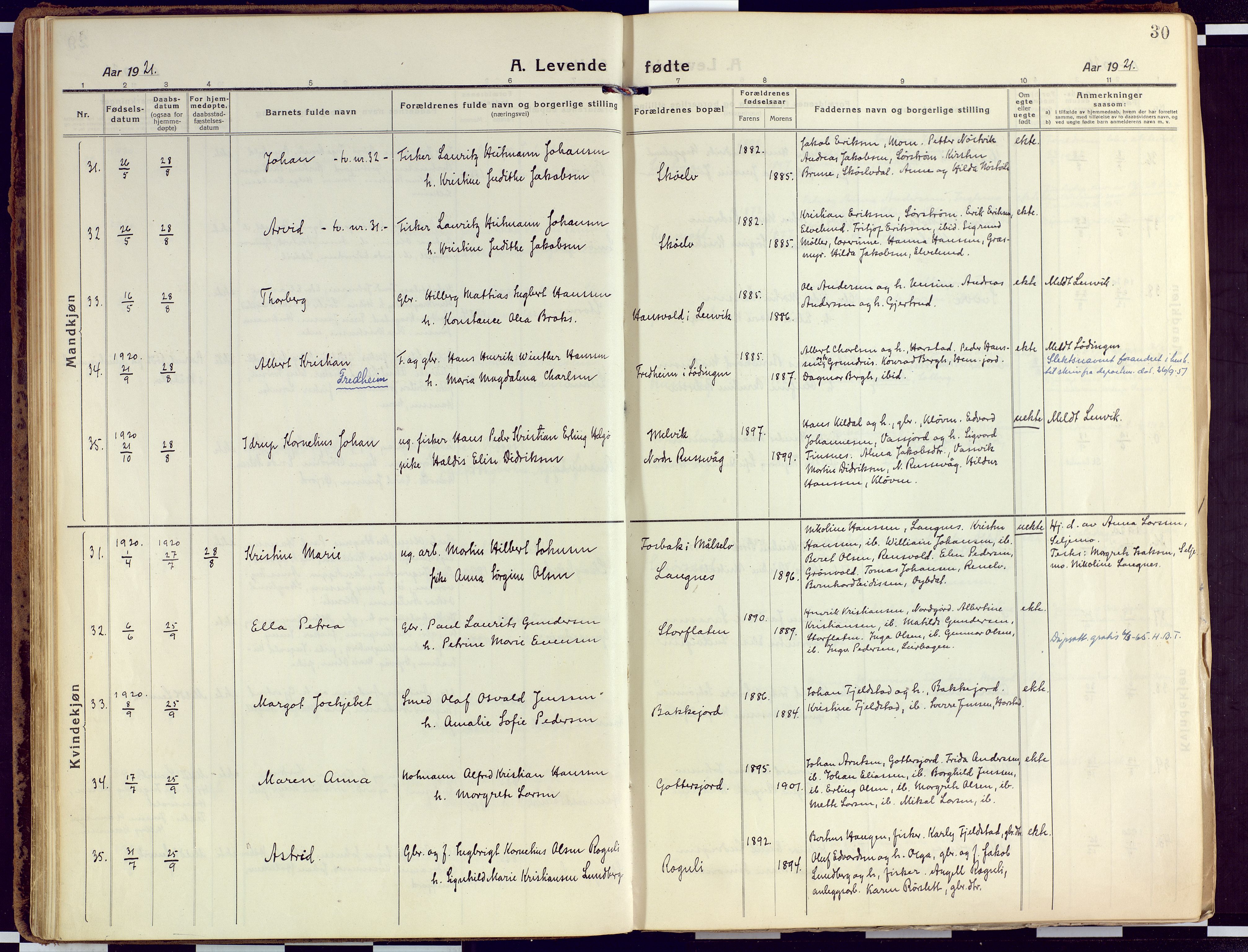 Tranøy sokneprestkontor, AV/SATØ-S-1313/I/Ia/Iaa/L0015kirke: Parish register (official) no. 15, 1919-1928, p. 30