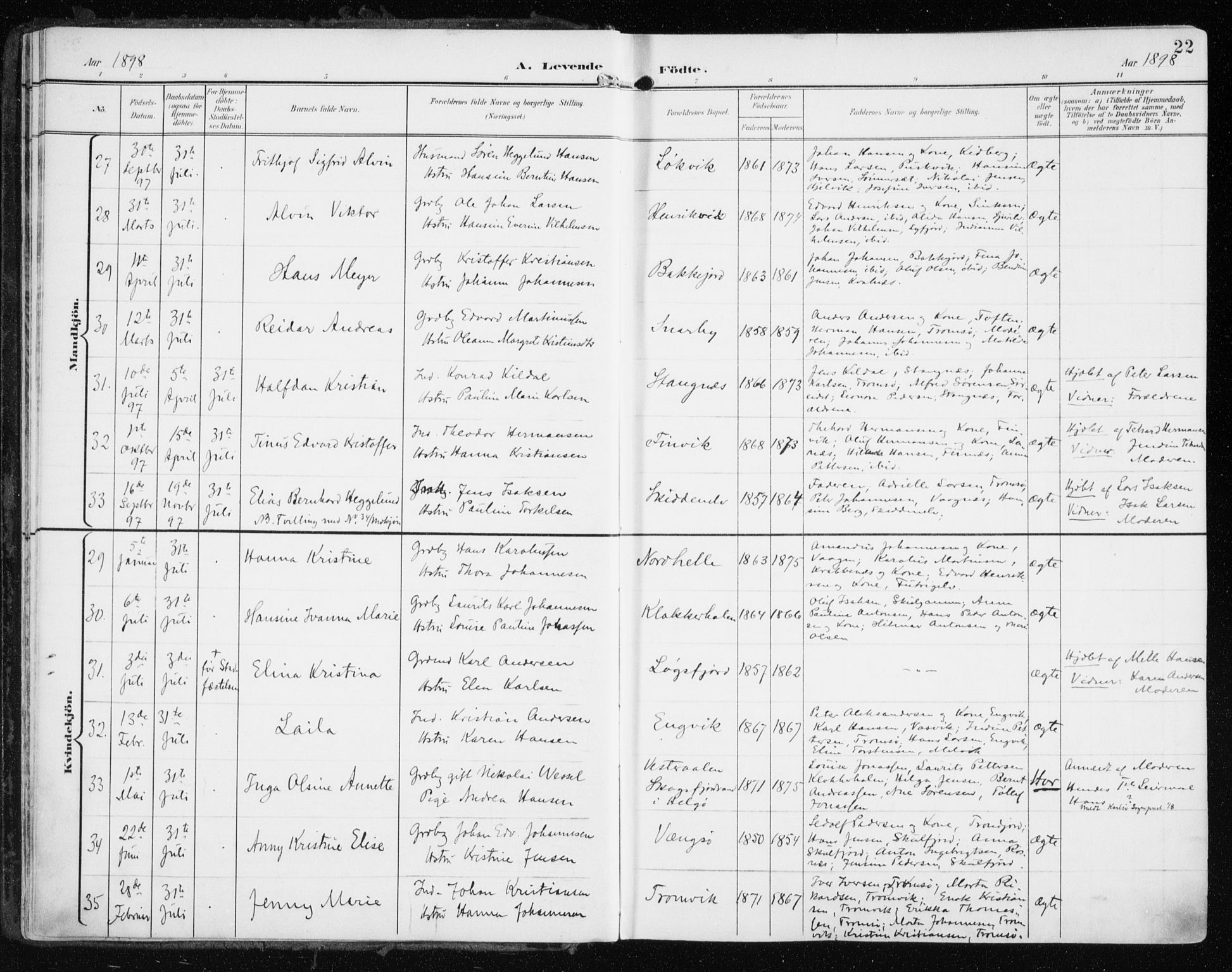 Tromsøysund sokneprestkontor, AV/SATØ-S-1304/G/Ga/L0006kirke: Parish register (official) no. 6, 1897-1906, p. 22