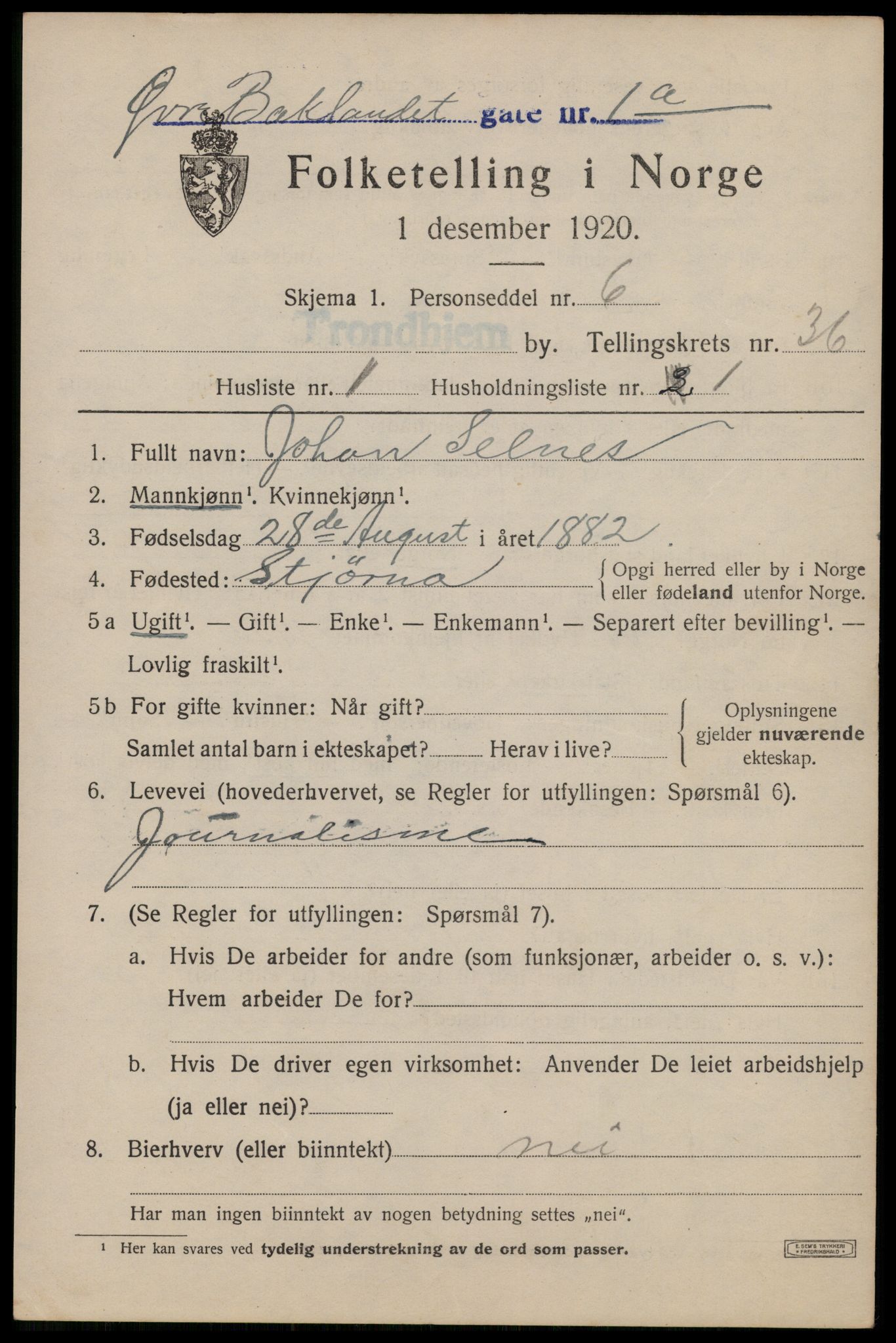 SAT, 1920 census for Trondheim, 1920, p. 82870