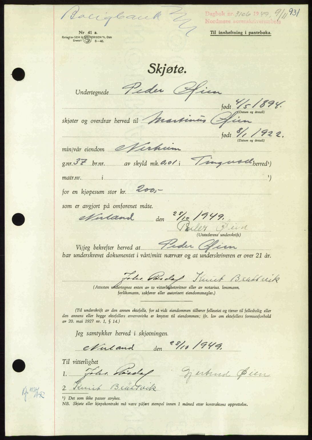 Nordmøre sorenskriveri, AV/SAT-A-4132/1/2/2Ca: Mortgage book no. A112, 1949-1949, Diary no: : 3106/1949