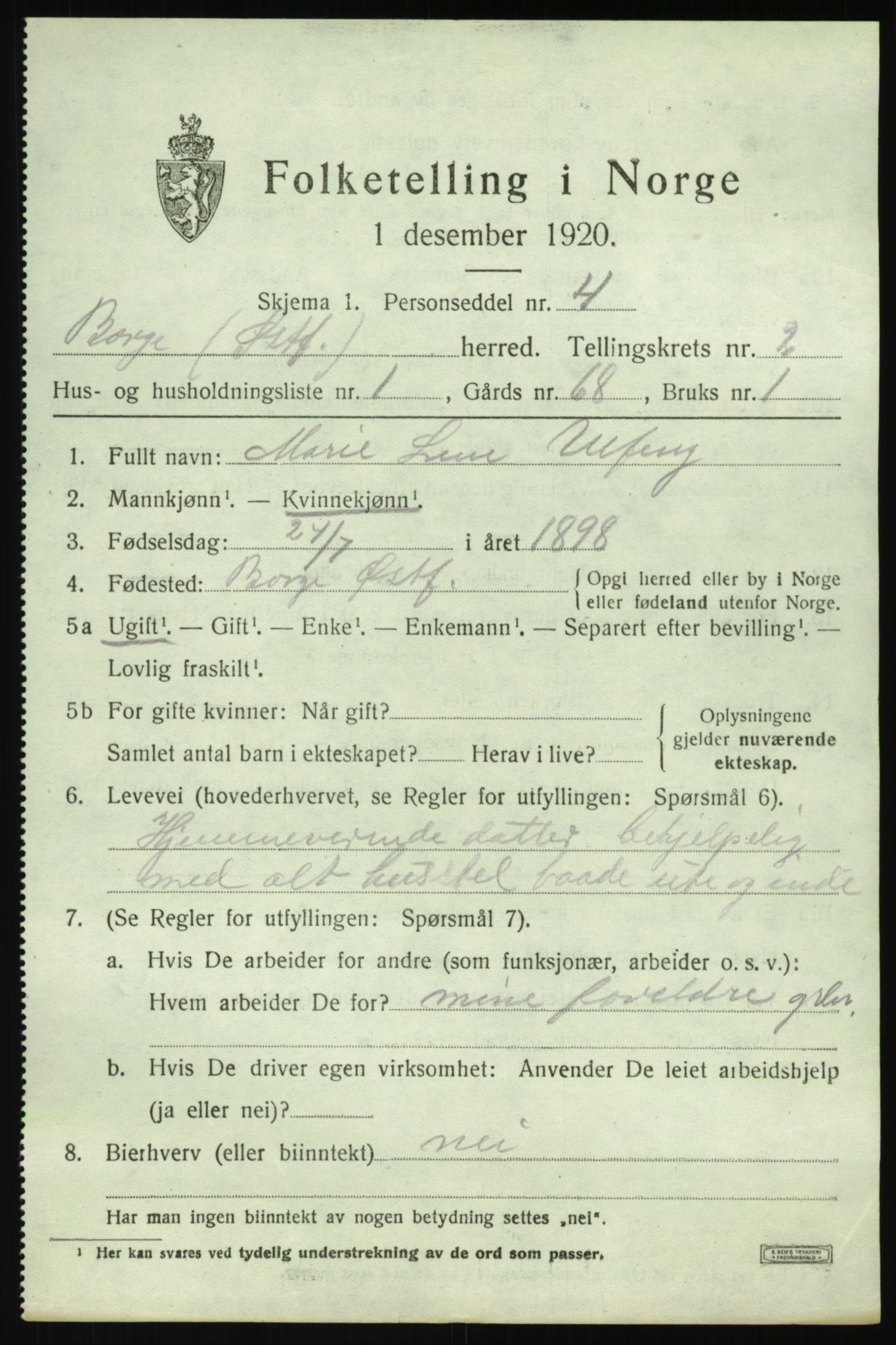 SAO, 1920 census for Borge, 1920, p. 3015