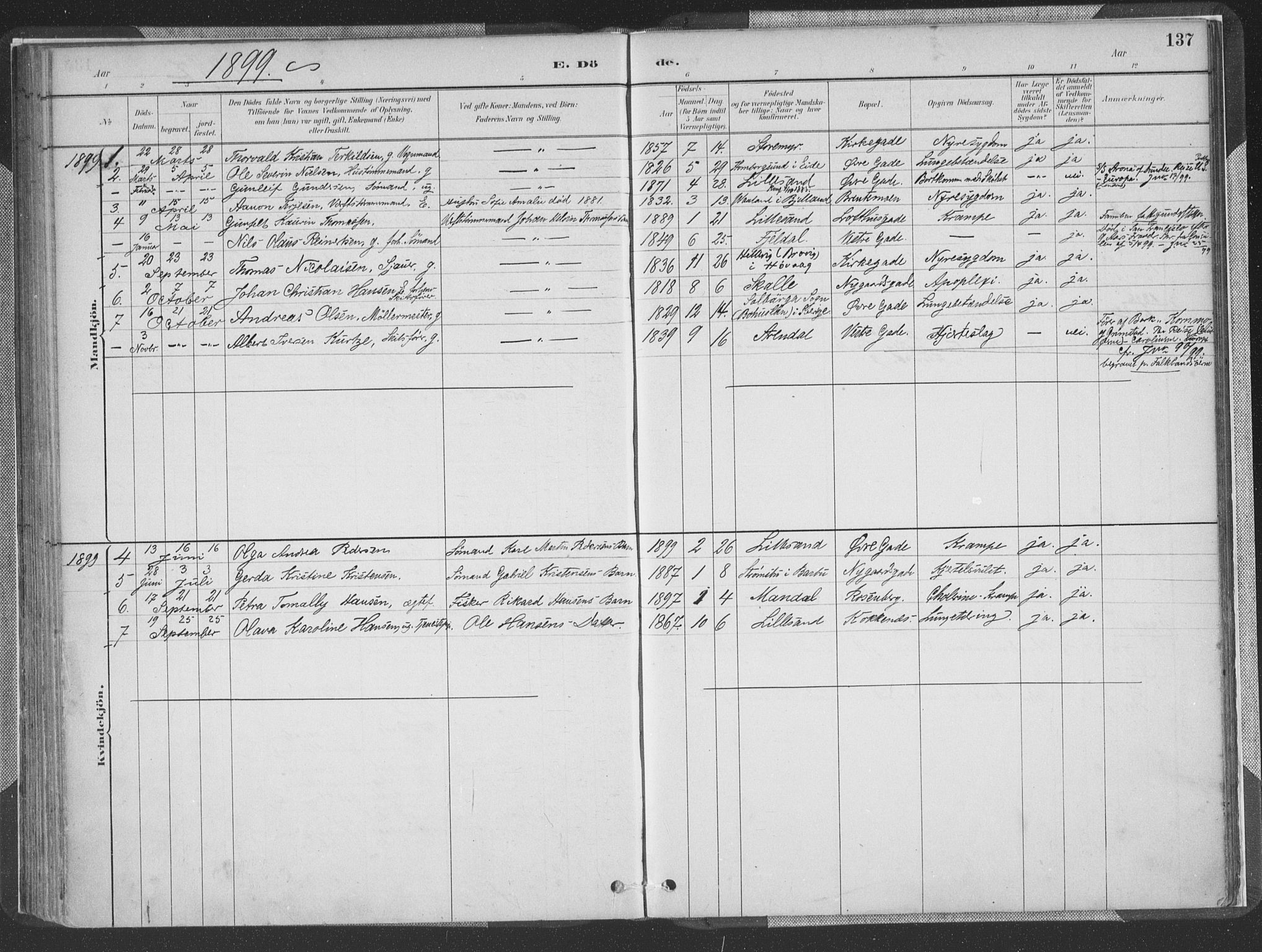 Vestre Moland sokneprestkontor, AV/SAK-1111-0046/F/Fa/Faa/L0001: Parish register (official) no. A 1, 1884-1899, p. 137