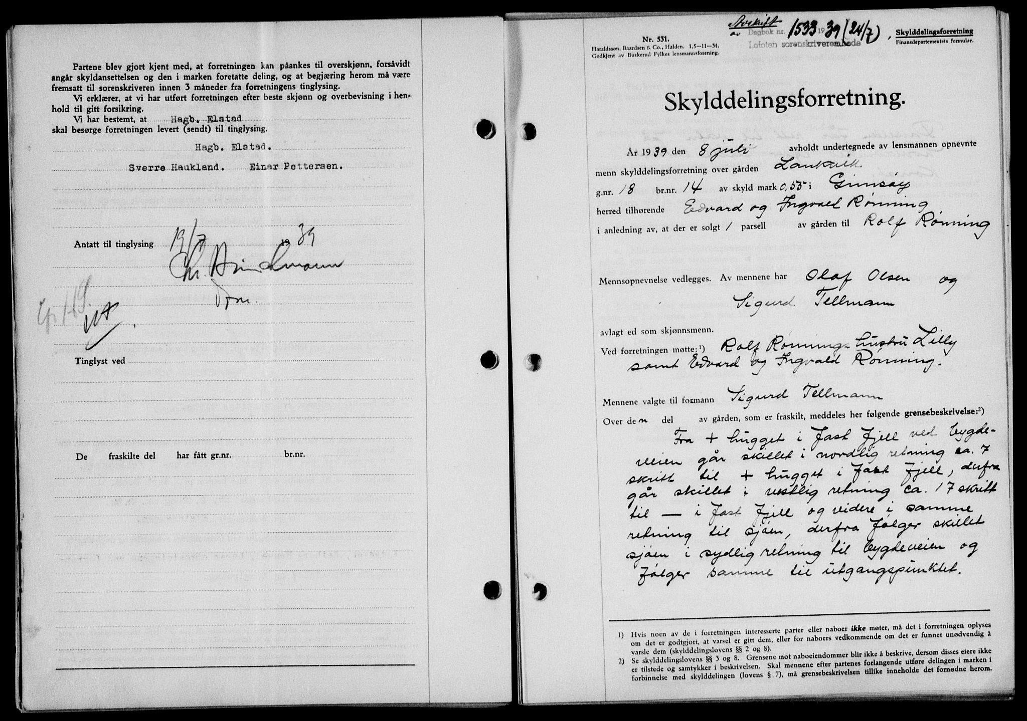 Lofoten sorenskriveri, SAT/A-0017/1/2/2C/L0006a: Mortgage book no. 6a, 1939-1939, Diary no: : 1533/1939