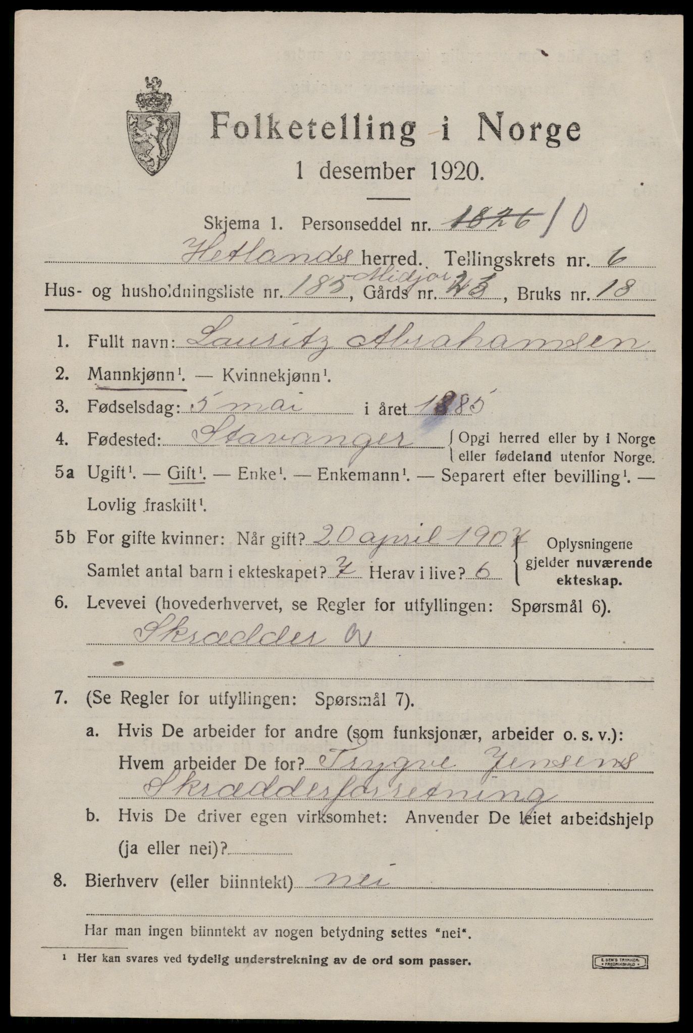 SAST, 1920 census for Hetland, 1920, p. 13115