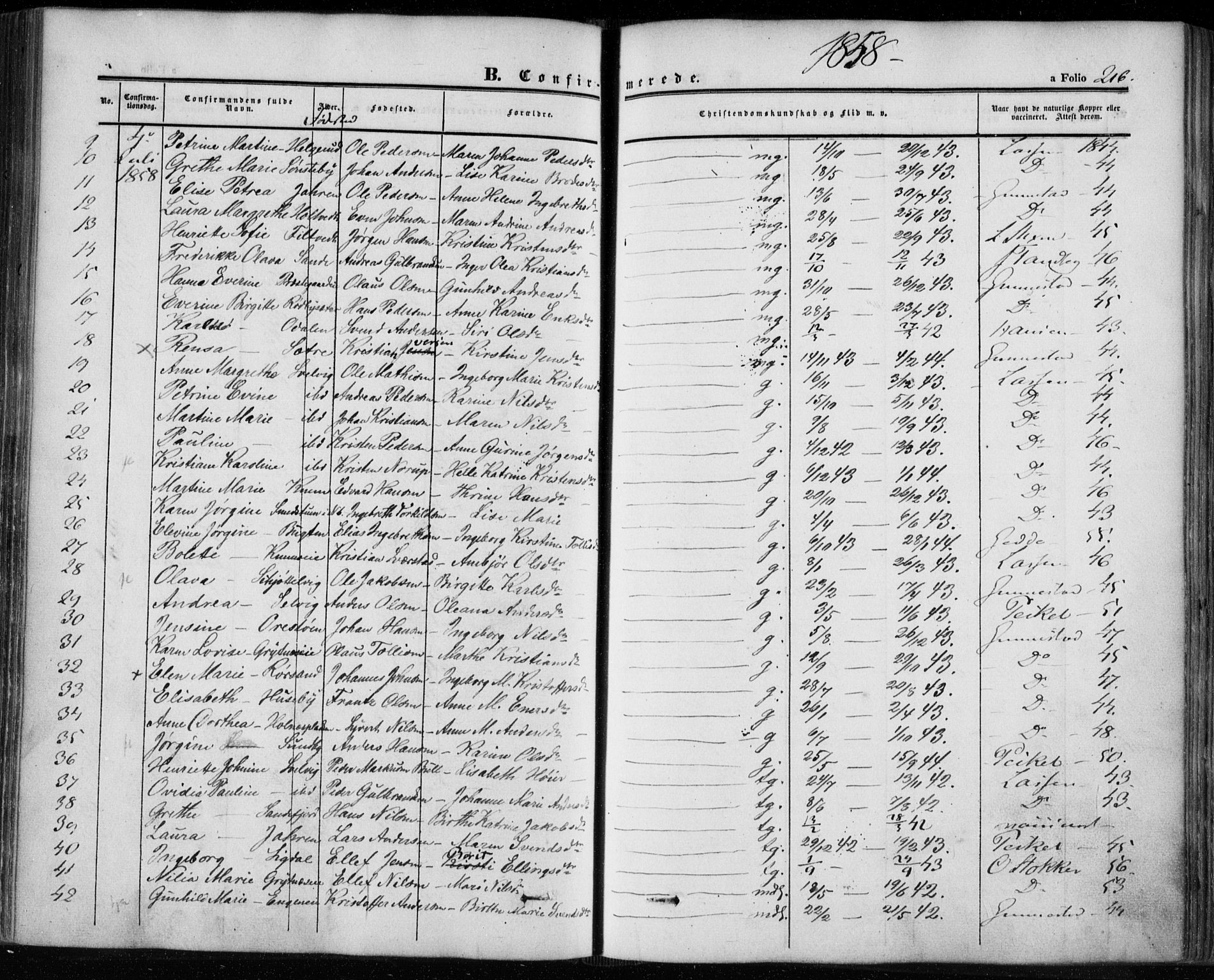 Hurum kirkebøker, SAKO/A-229/F/Fa/L0011: Parish register (official) no. 11, 1847-1860, p. 216