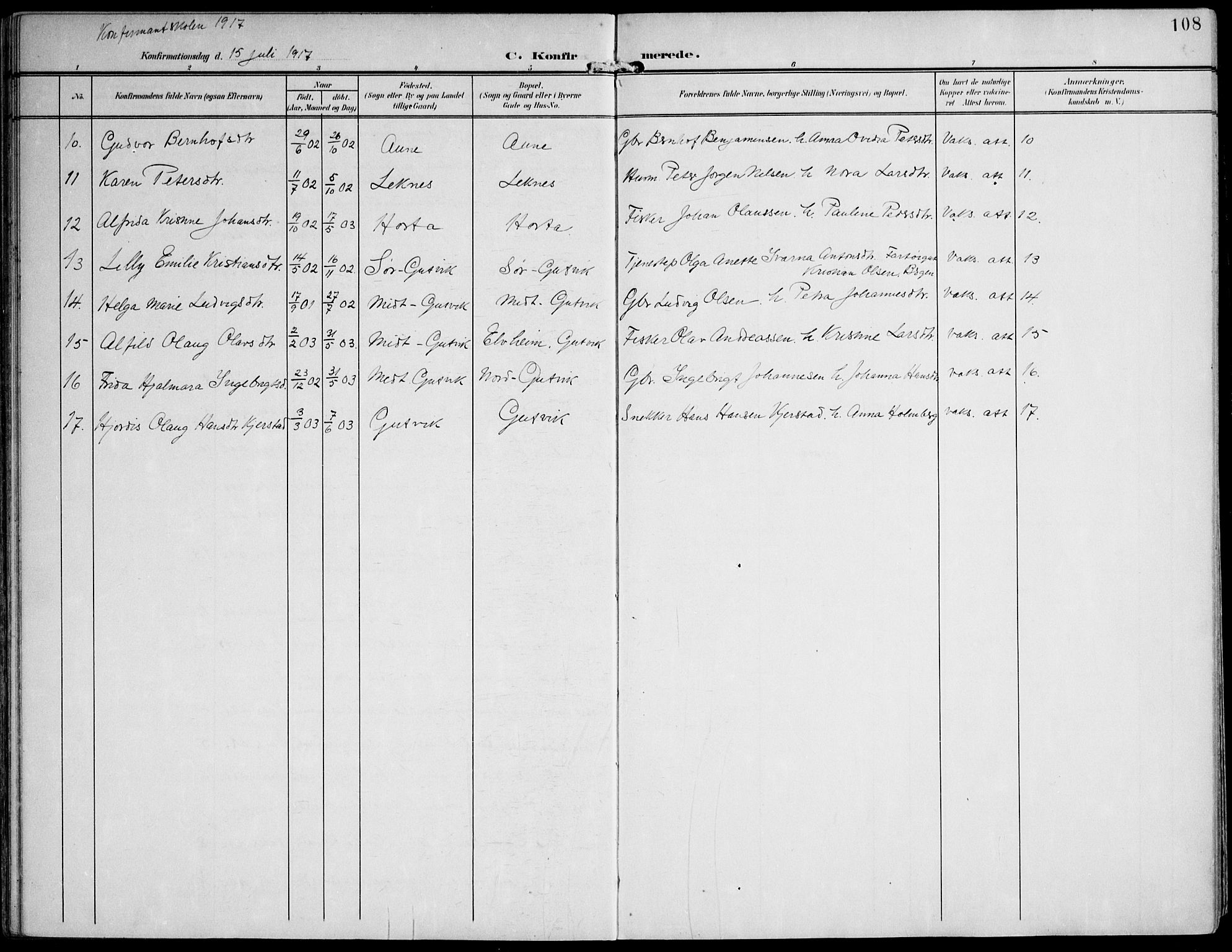 Ministerialprotokoller, klokkerbøker og fødselsregistre - Nord-Trøndelag, AV/SAT-A-1458/788/L0698: Parish register (official) no. 788A05, 1902-1921, p. 108