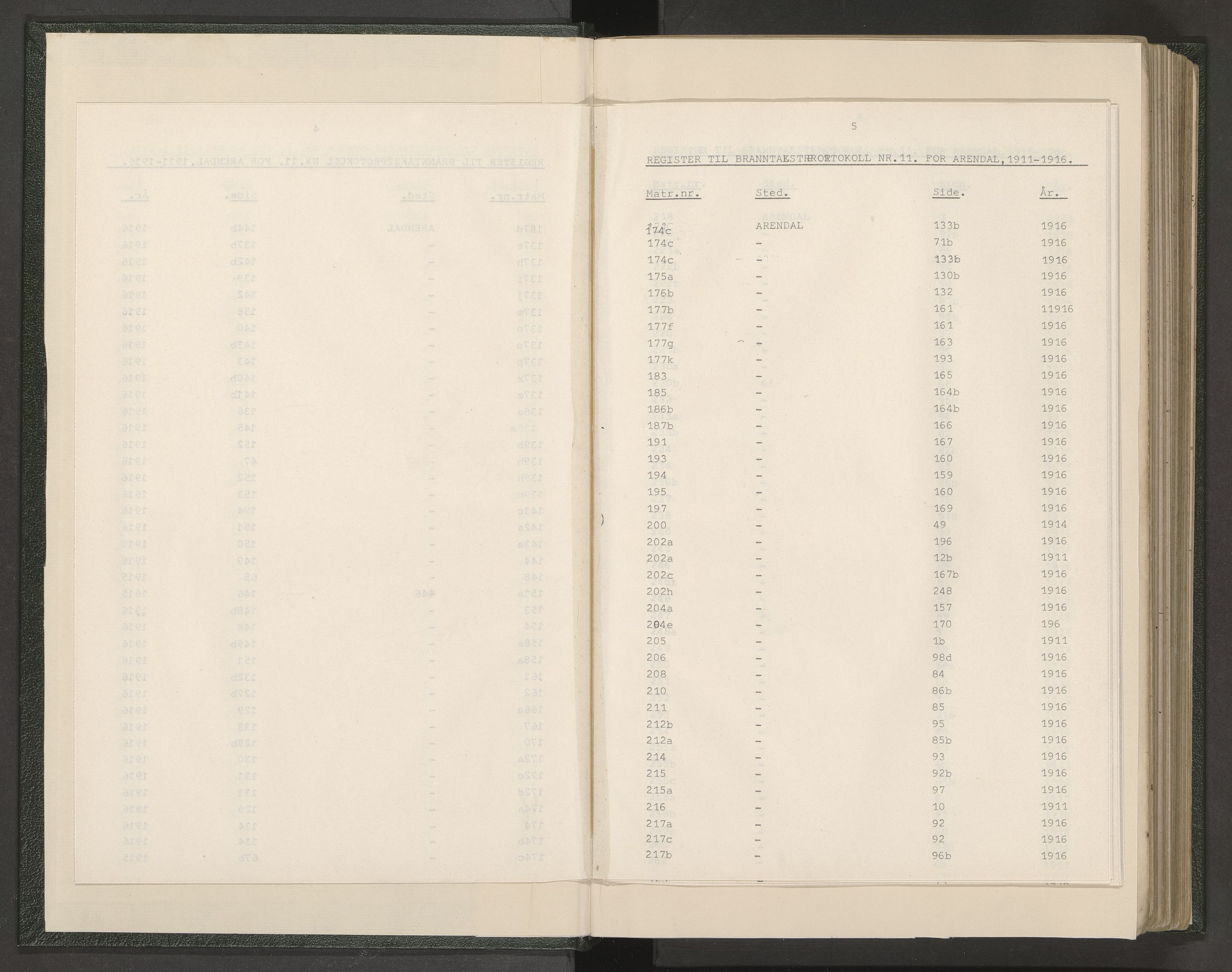 Norges Brannkasse Arendal, AV/SAK-2241-0002/F/Fa/L0028: Branntakstprotokoll nr. 26 med matrikkelnummerregister, 1911-1916