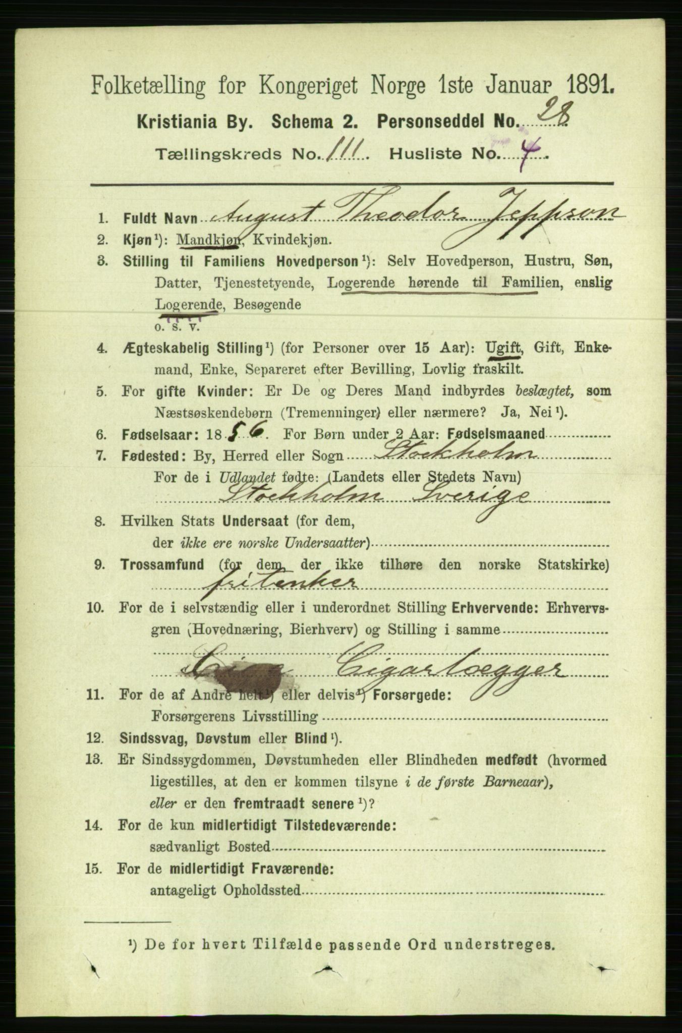 RA, 1891 census for 0301 Kristiania, 1891, p. 58016