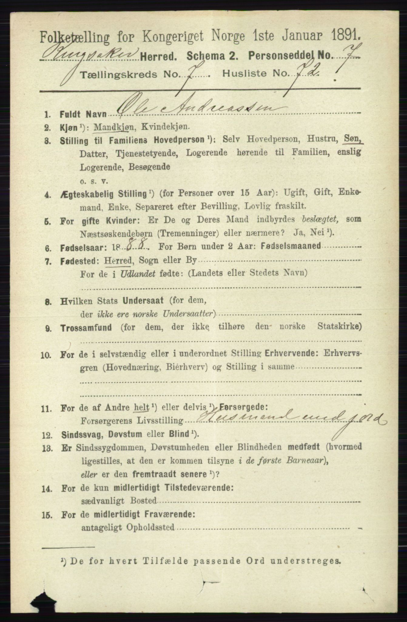 RA, 1891 census for 0412 Ringsaker, 1891, p. 4371