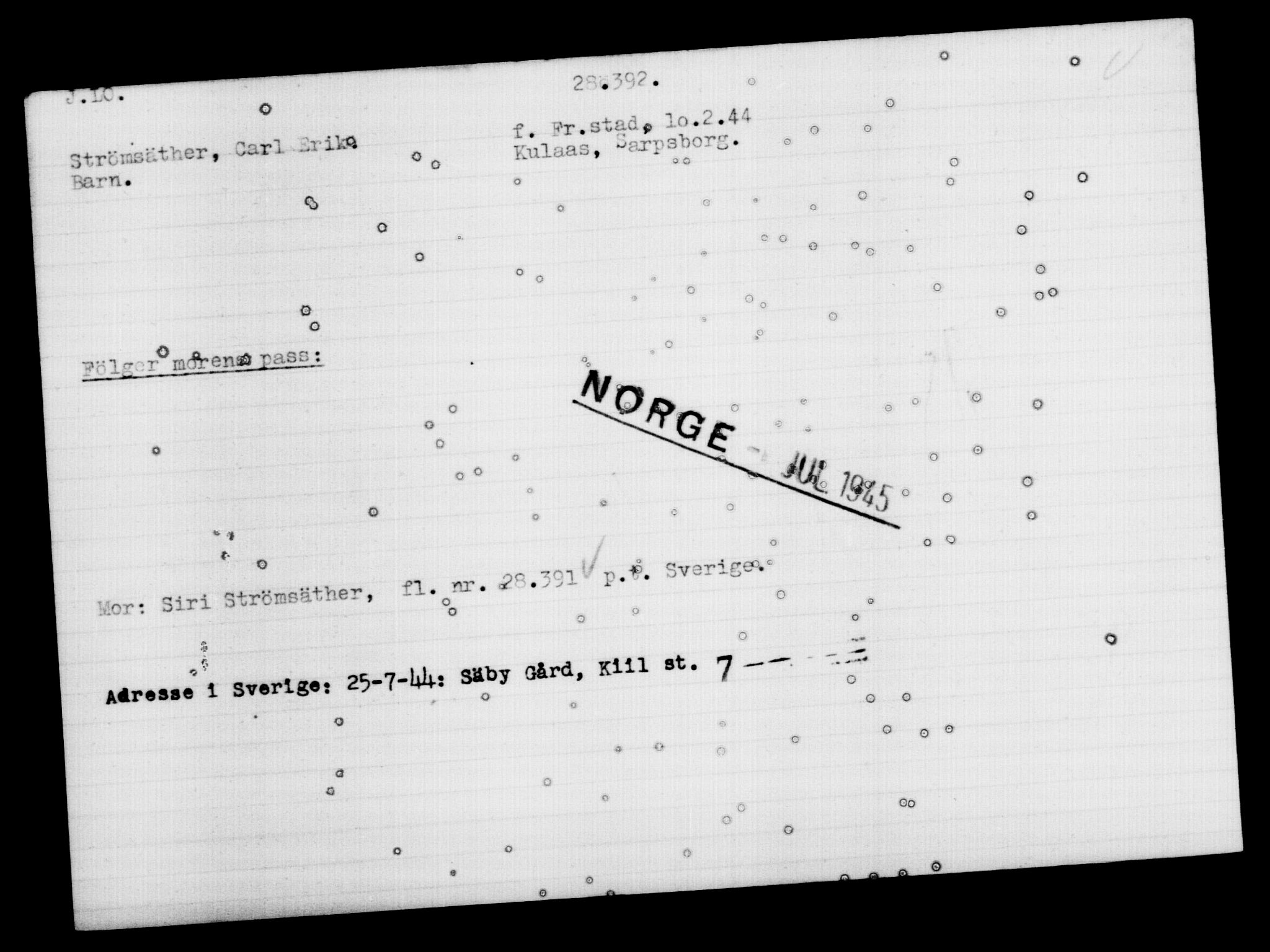 Den Kgl. Norske Legasjons Flyktningskontor, RA/S-6753/V/Va/L0012: Kjesäterkartoteket.  Flyktningenr. 28300-31566, 1940-1945, p. 101