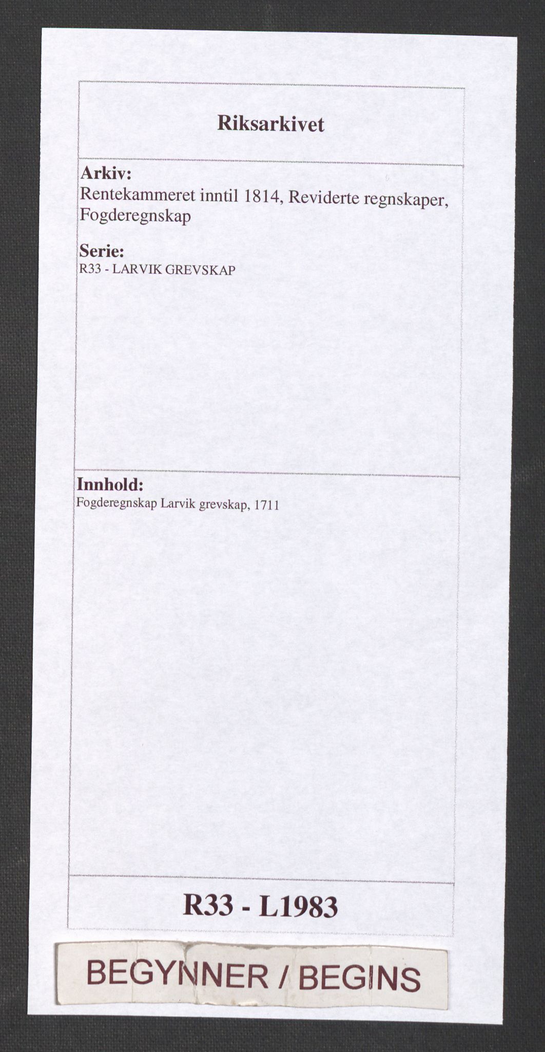 Rentekammeret inntil 1814, Reviderte regnskaper, Fogderegnskap, RA/EA-4092/R33/L1983: Fogderegnskap Larvik grevskap, 1711, p. 1