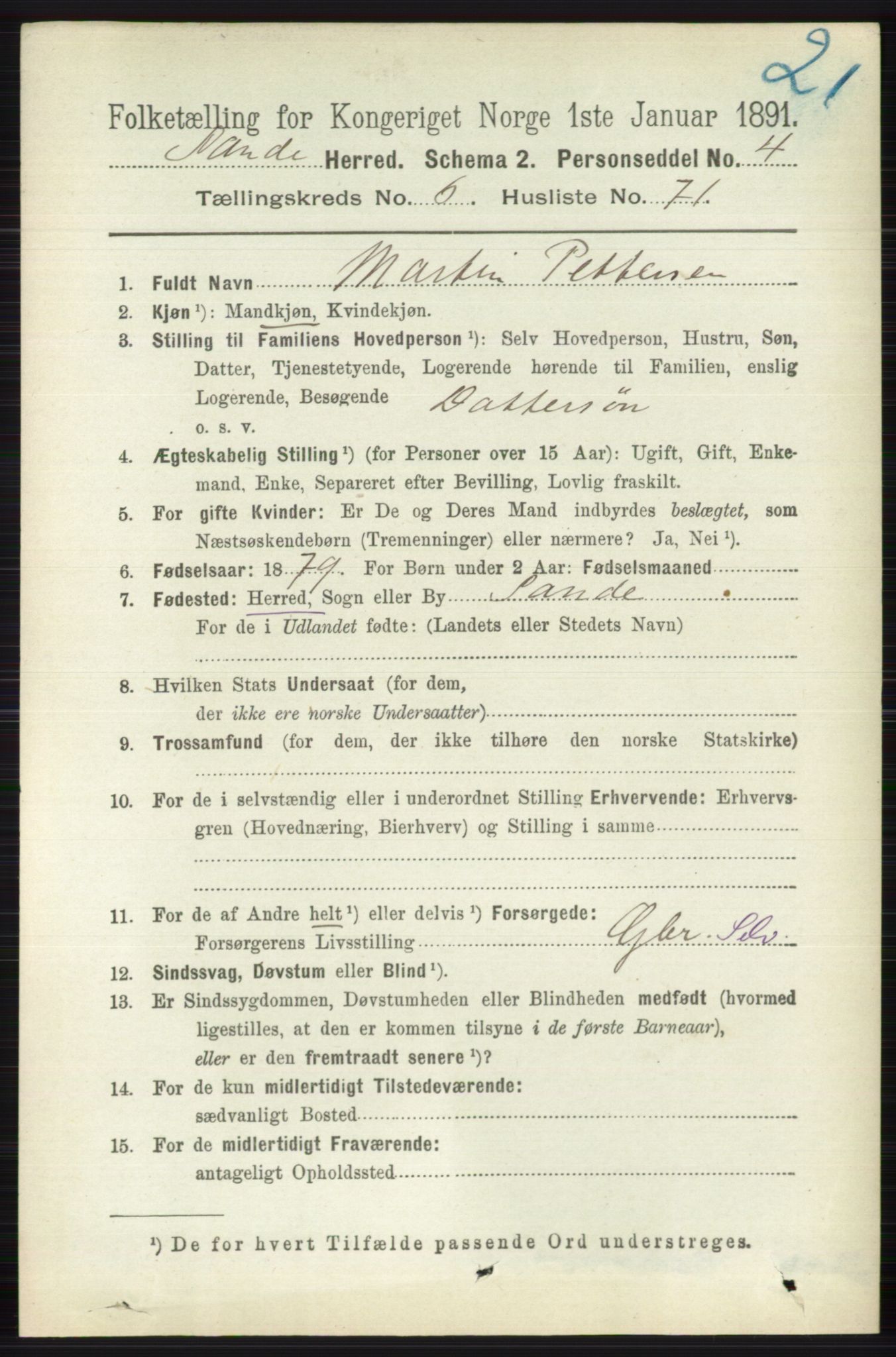 RA, 1891 census for 0713 Sande, 1891, p. 3077