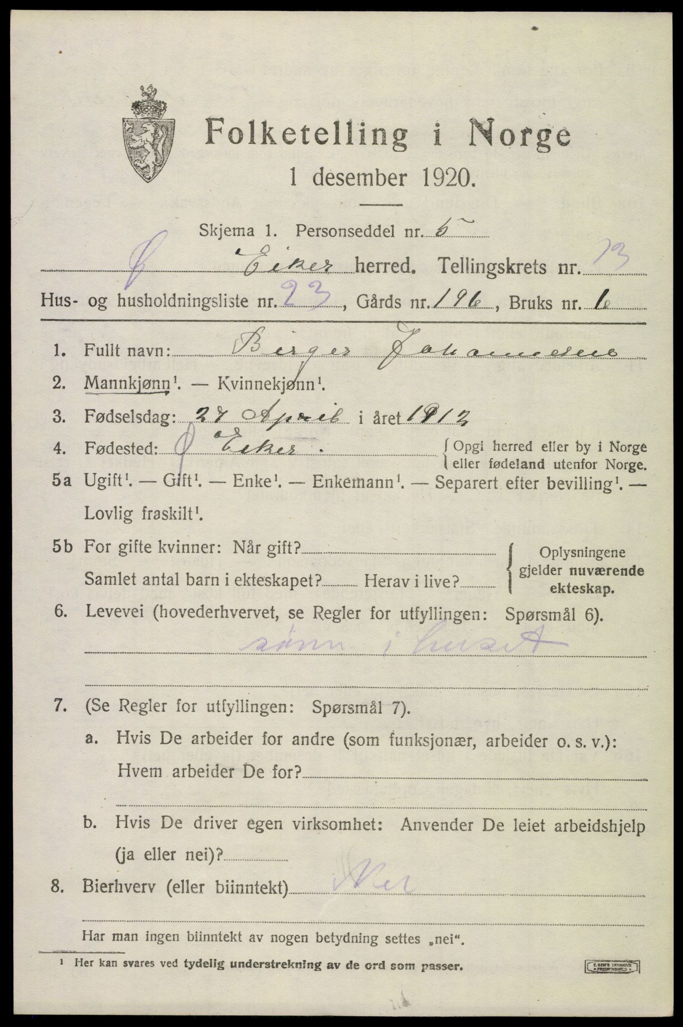 SAKO, 1920 census for Øvre Eiker, 1920, p. 19854