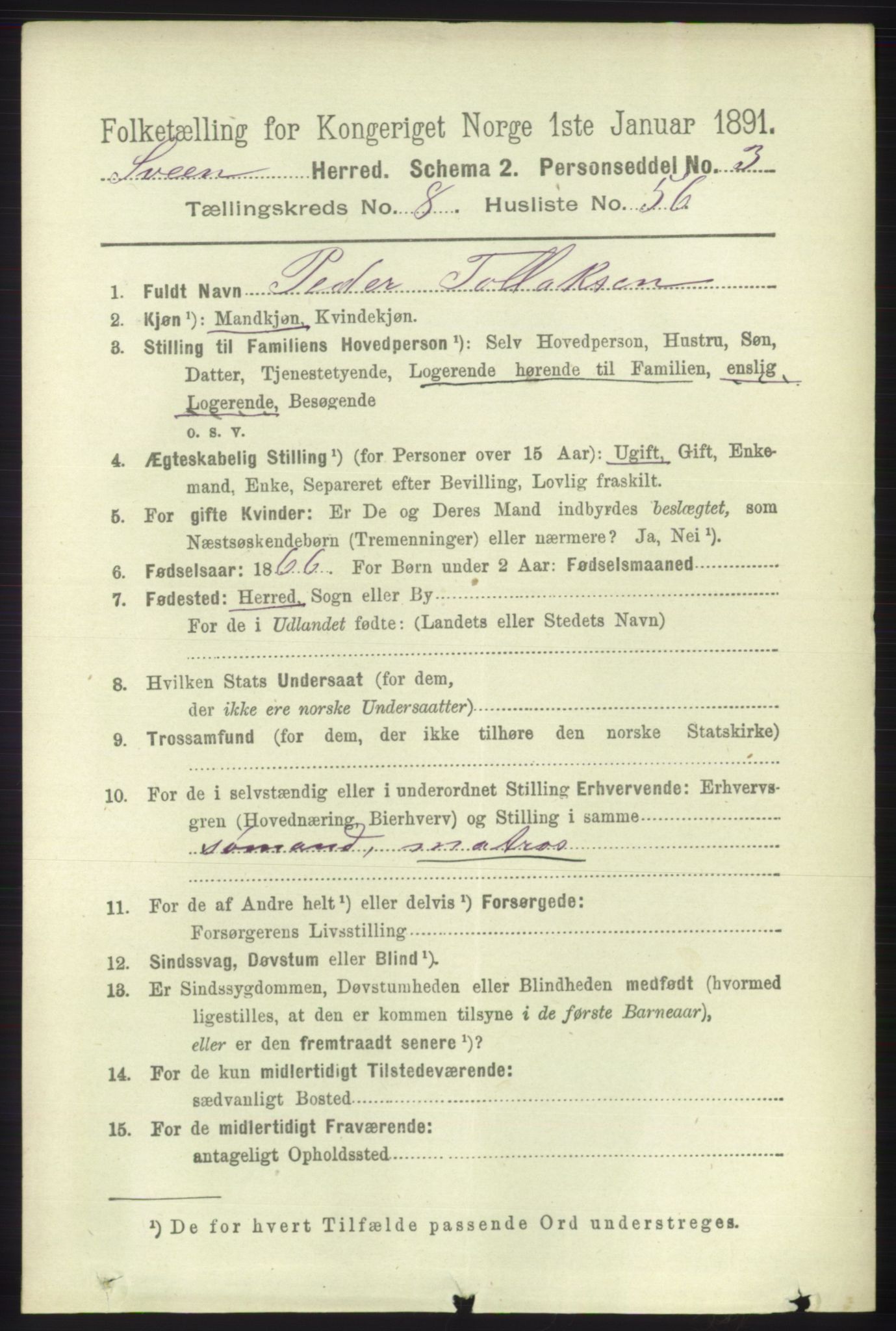 RA, 1891 census for 1216 Sveio, 1891, p. 2648