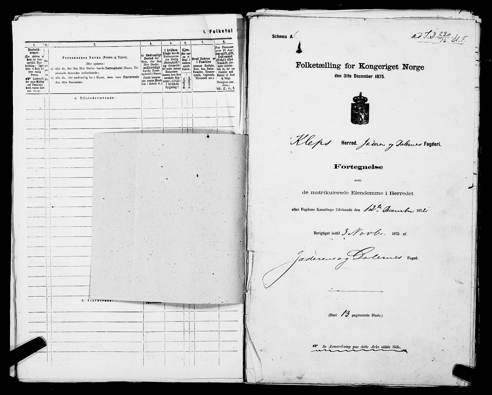 SAST, 1875 census for 1120P Klepp, 1875, p. 18