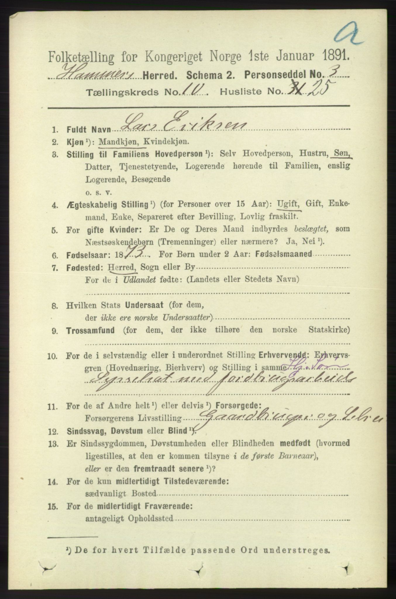 RA, 1891 census for 1254 Hamre, 1891, p. 2932