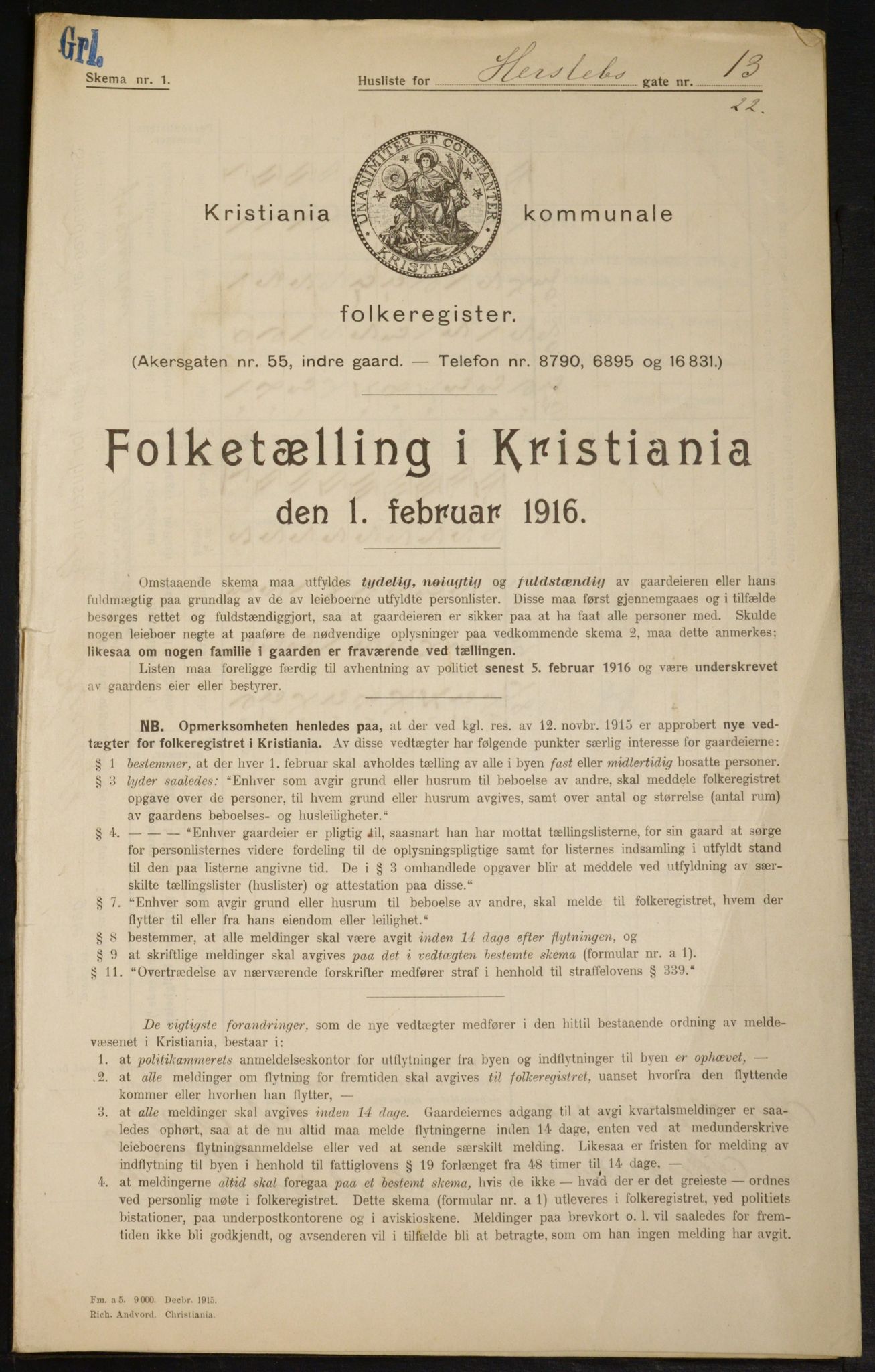 OBA, Municipal Census 1916 for Kristiania, 1916, p. 40063