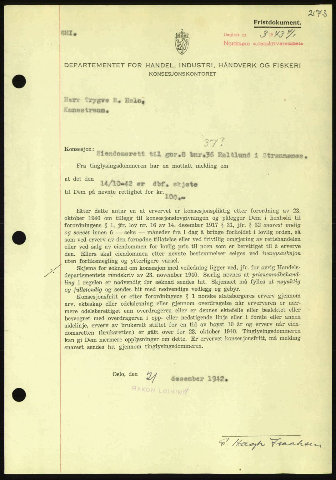 Nordmøre sorenskriveri, AV/SAT-A-4132/1/2/2Ca: Mortgage book no. B90, 1942-1943, Diary no: : 3/1943