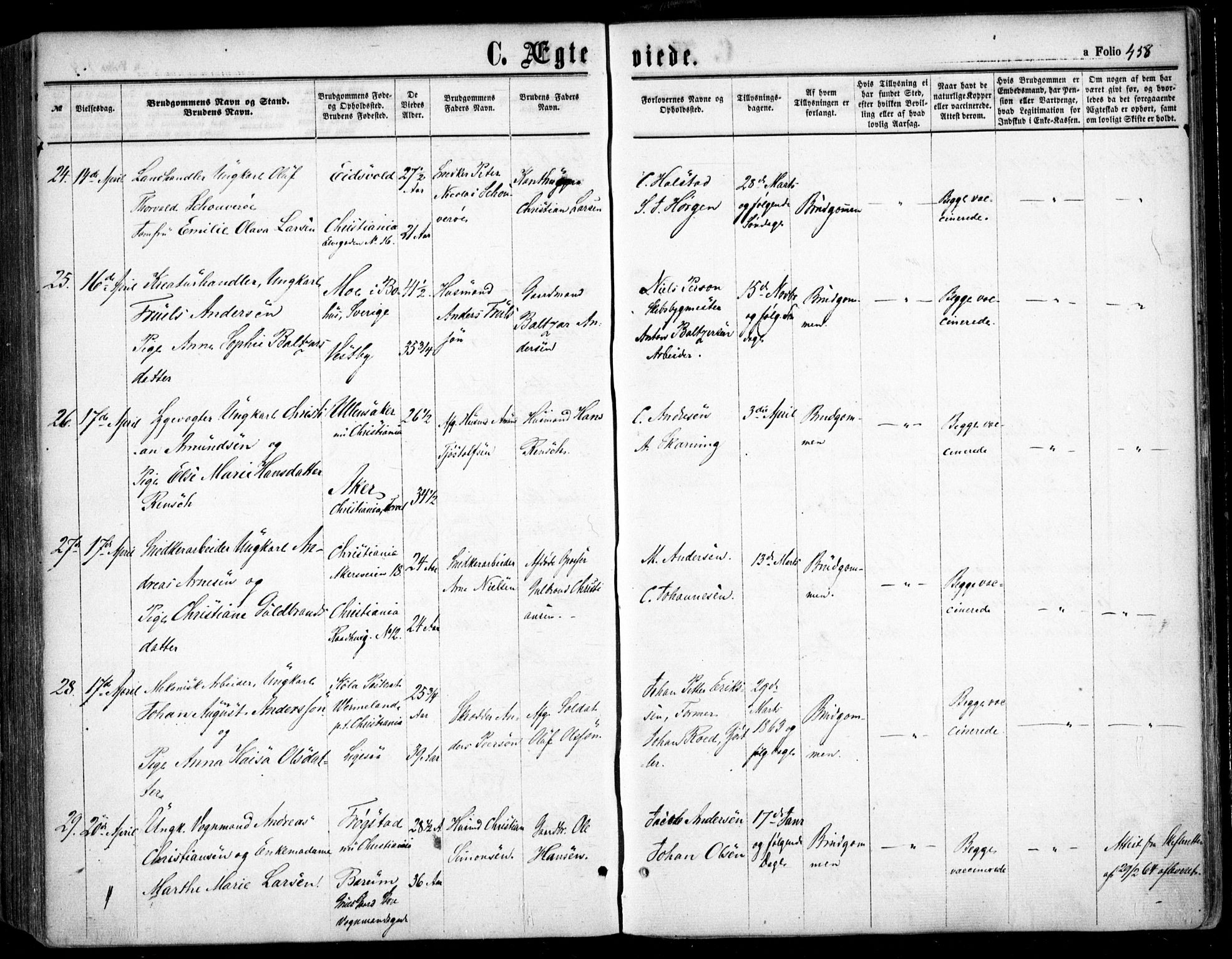 Oslo domkirke Kirkebøker, SAO/A-10752/F/Fa/L0020: Parish register (official) no. 20, 1848-1865, p. 458