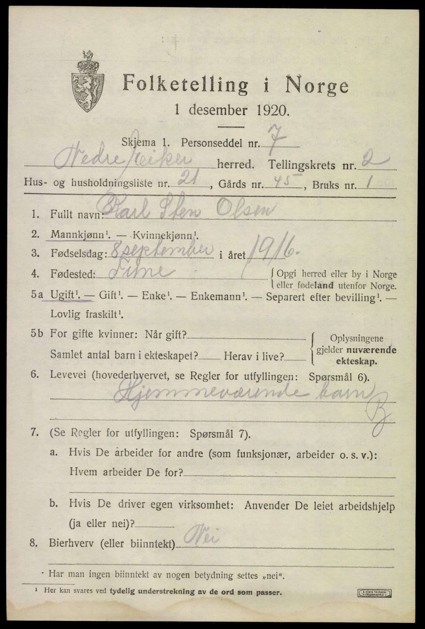 SAKO, 1920 census for Nedre Eiker, 1920, p. 3863