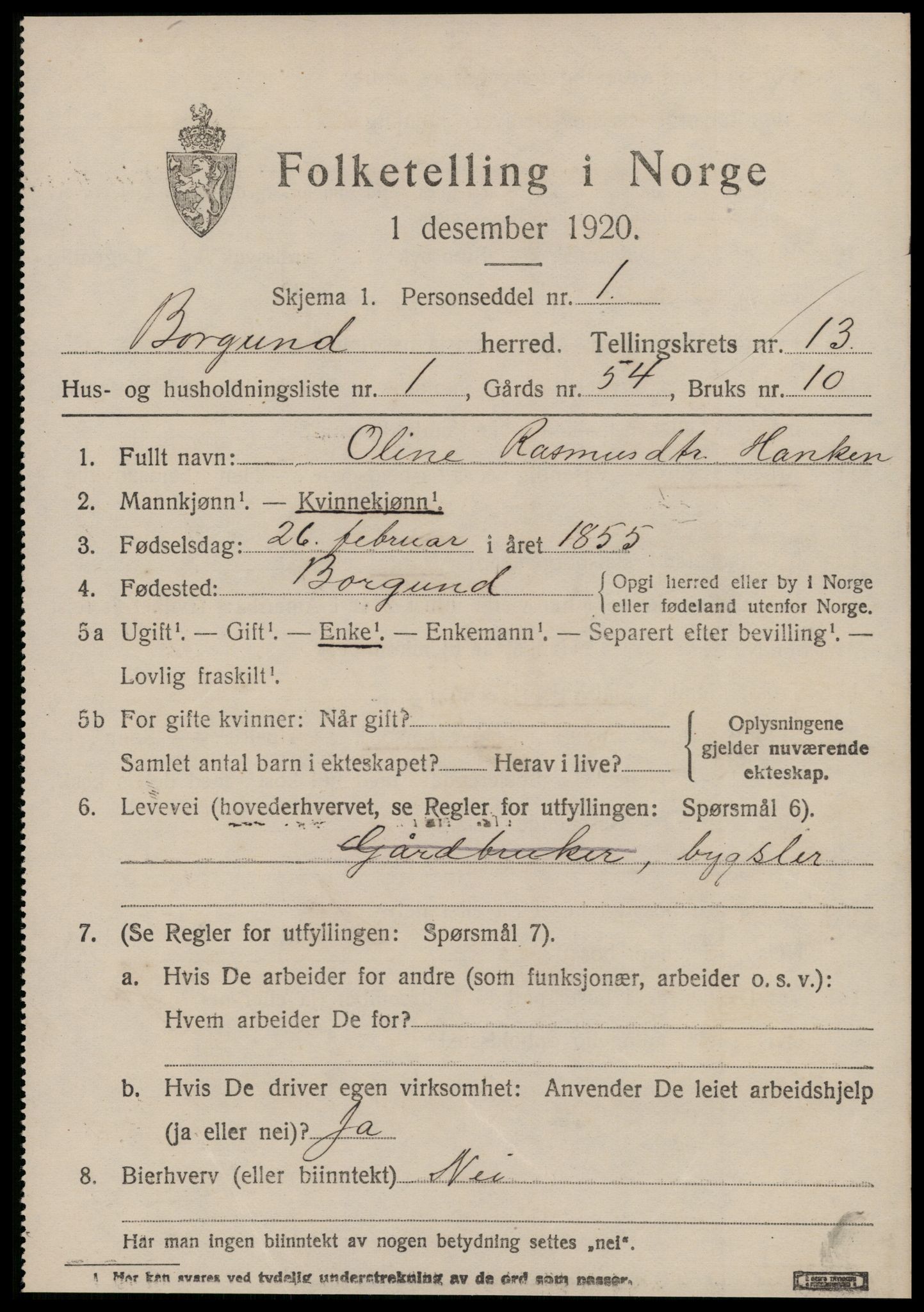 SAT, 1920 census for Borgund, 1920, p. 10768