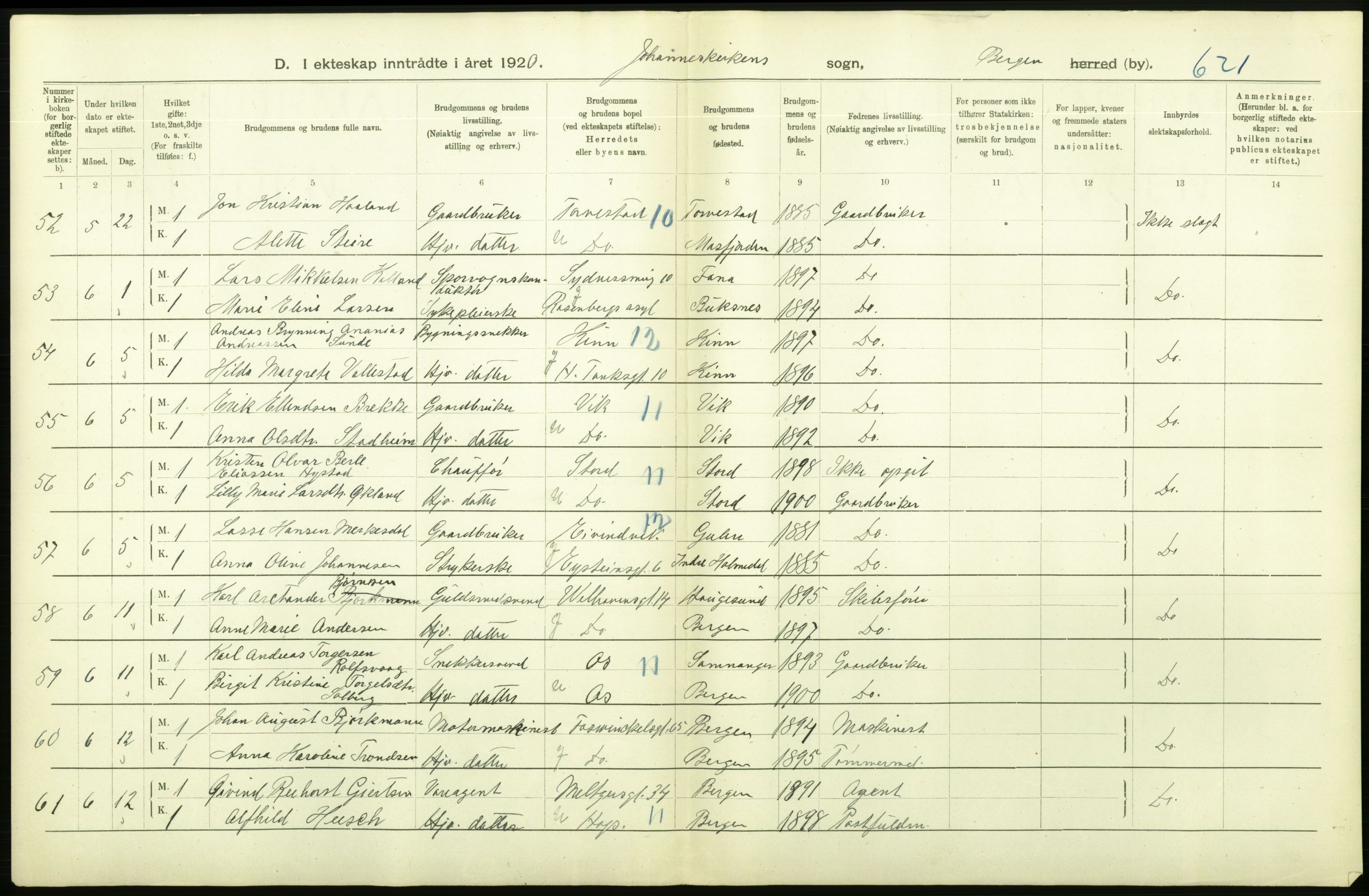 Statistisk sentralbyrå, Sosiodemografiske emner, Befolkning, AV/RA-S-2228/D/Df/Dfb/Dfbj/L0042: Bergen: Gifte, døde, dødfødte., 1920, p. 172