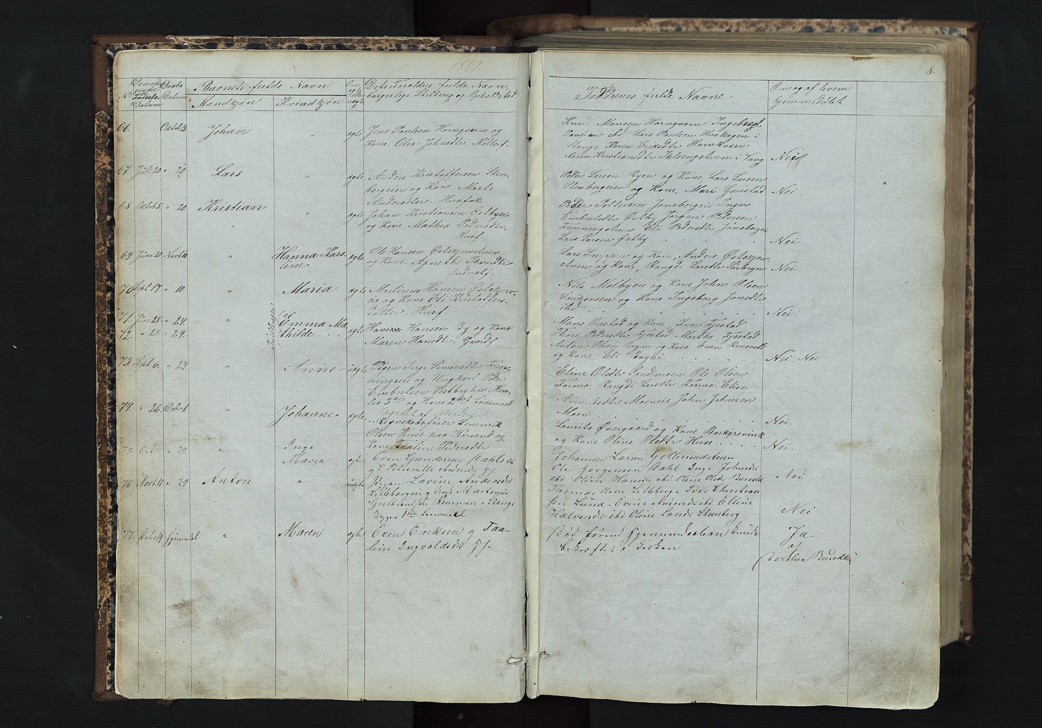 Romedal prestekontor, SAH/PREST-004/L/L0011: Parish register (copy) no. 11, 1867-1895, p. 8