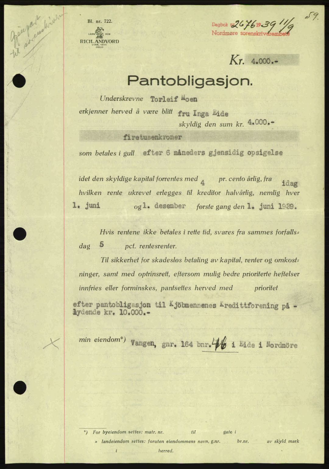 Nordmøre sorenskriveri, AV/SAT-A-4132/1/2/2Ca: Mortgage book no. B86, 1939-1940, Diary no: : 2676/1939