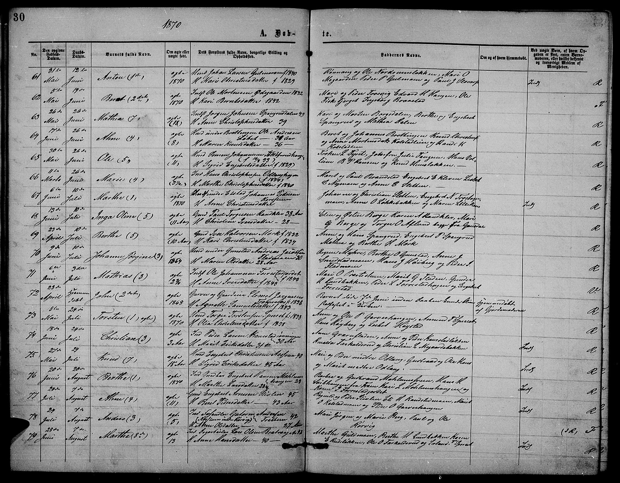 Ringebu prestekontor, AV/SAH-PREST-082/H/Ha/Hab/L0004: Parish register (copy) no. 4, 1867-1879, p. 30