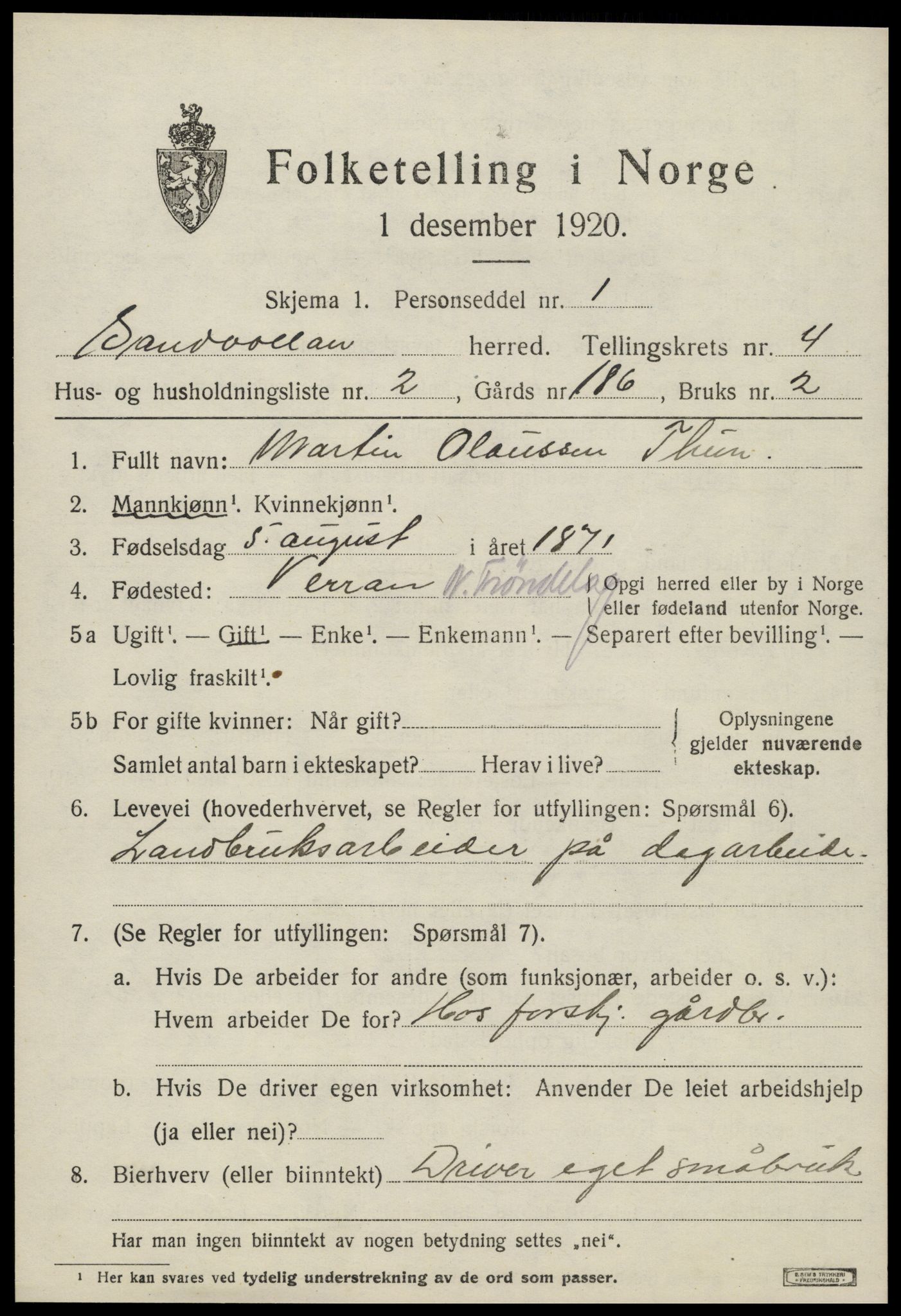 SAT, 1920 census for Sandvollan, 1920, p. 1481