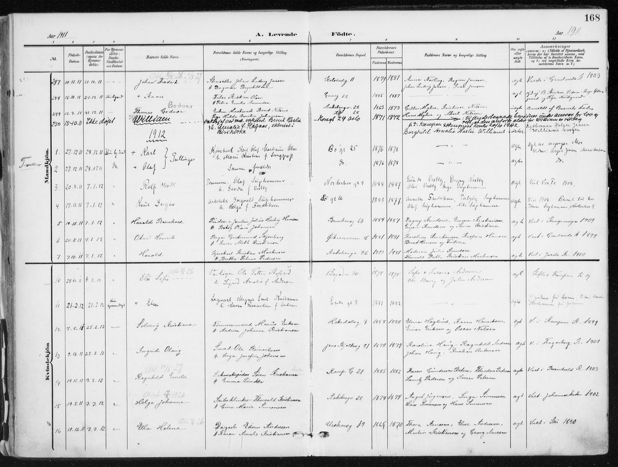 Kampen prestekontor Kirkebøker, AV/SAO-A-10853/F/Fa/L0010: Parish register (official) no. I 10, 1905-1917, p. 168